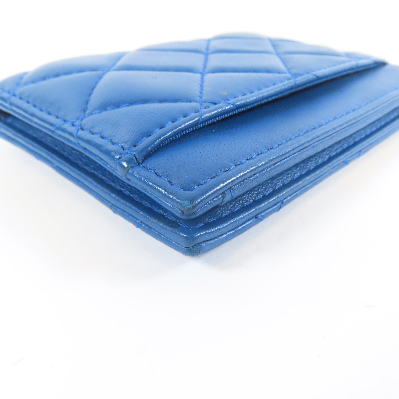 CHANEL 菱格羊皮皮革Card Case金扣卡片套藍色
