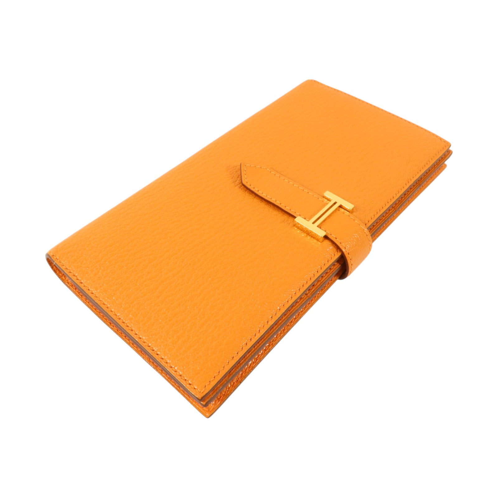 HERMES Chevre皮革Bearn Long Wallet金扣長錢包Orange