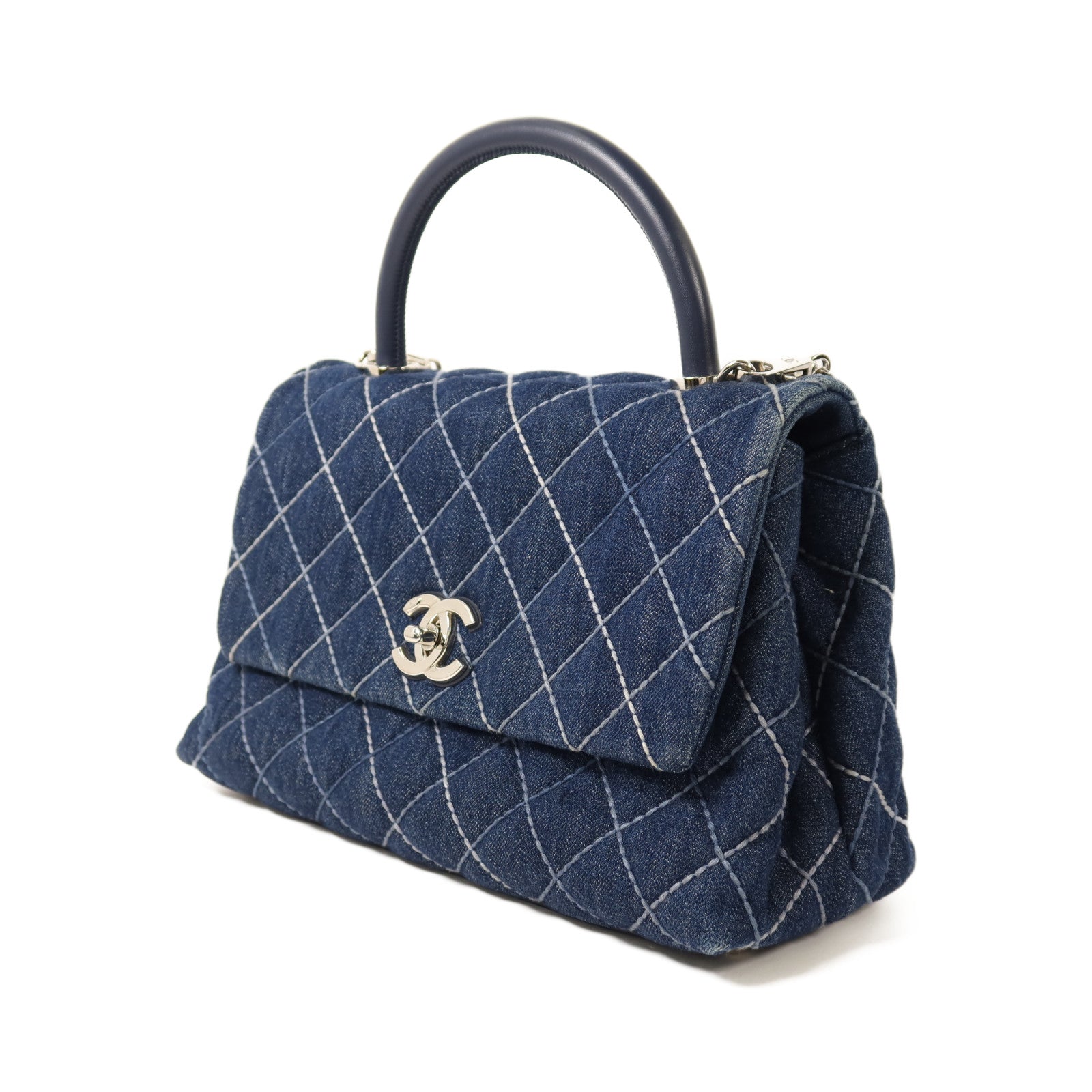 CHANEL 牛仔布Coco Handlec銀扣鏈帶手挽肩背兩用袋