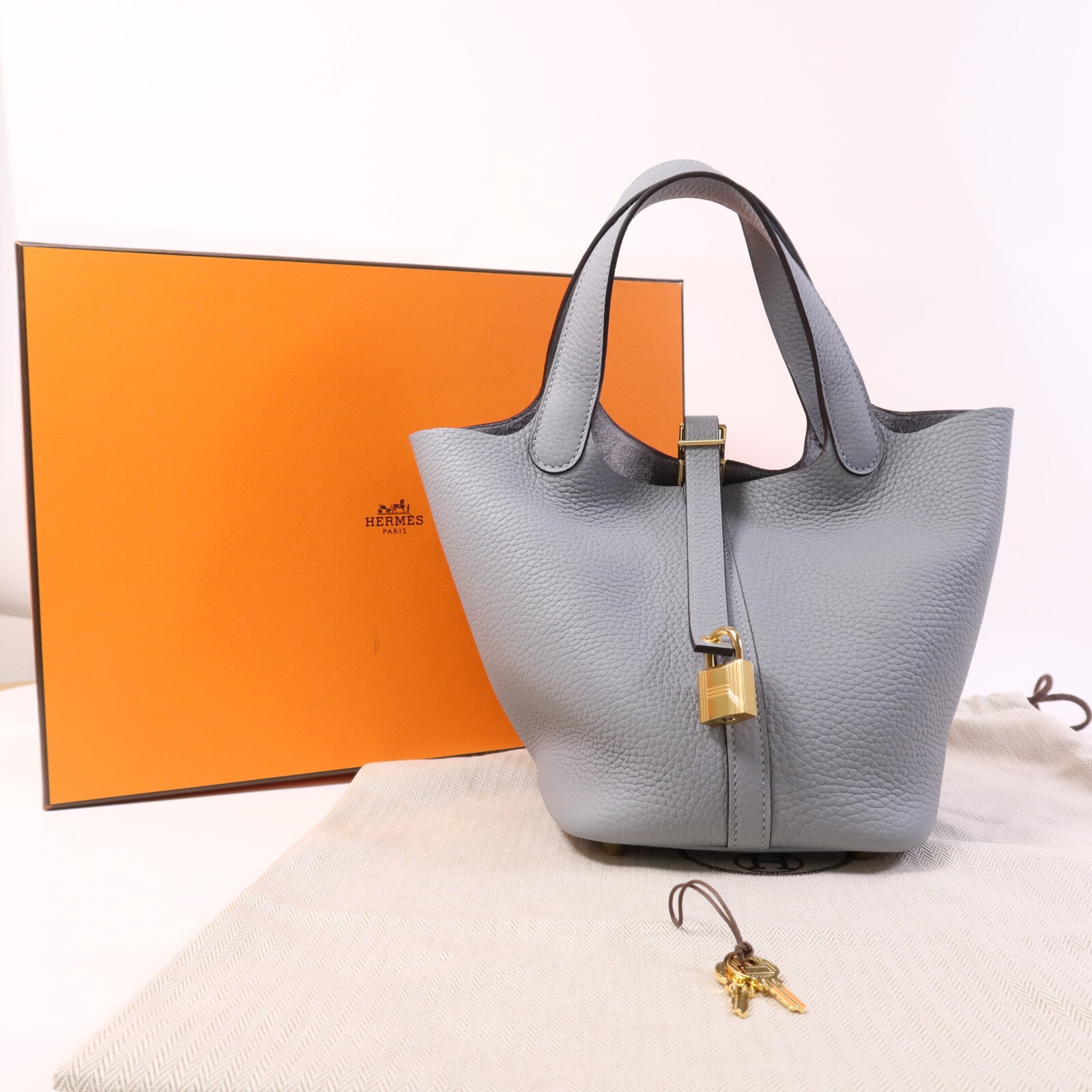 HERMES Clemence皮革Picotin PM銀扣手挽袋Gris Pantin