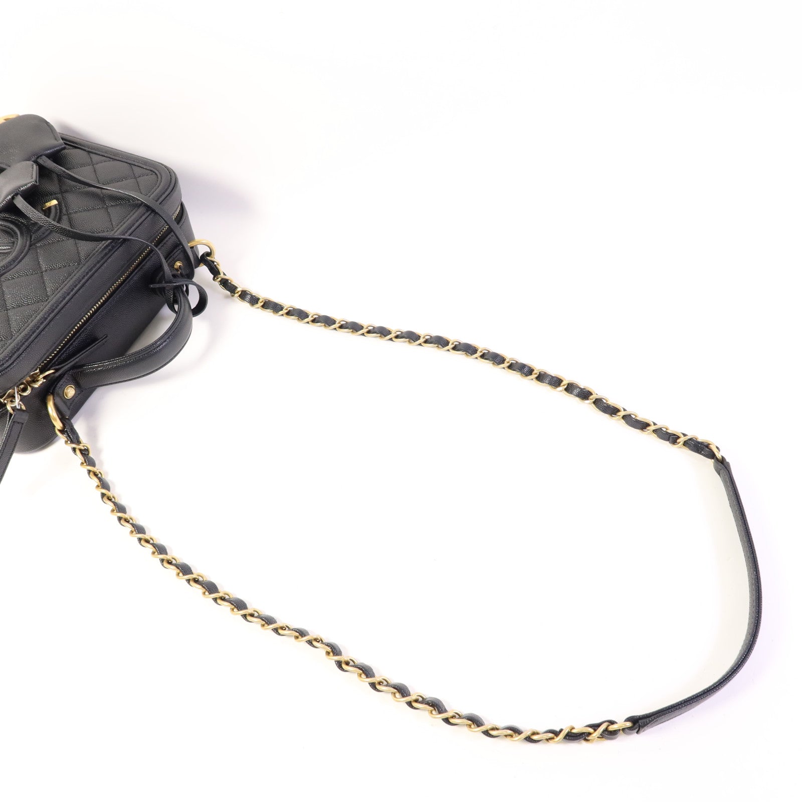 CHANEL 牛皮皮革Filigree Vanity Case Medium金扣手挽肩背兩用袋