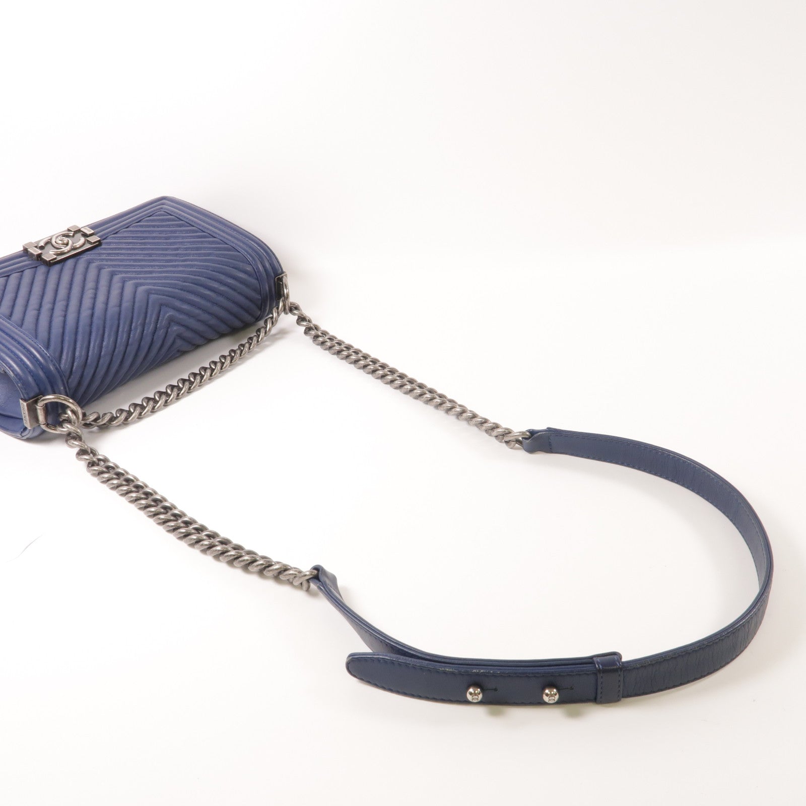 CHANEL CC Chevron Boy 25 Chain Shoulder Bag Calfskin Leather Blue