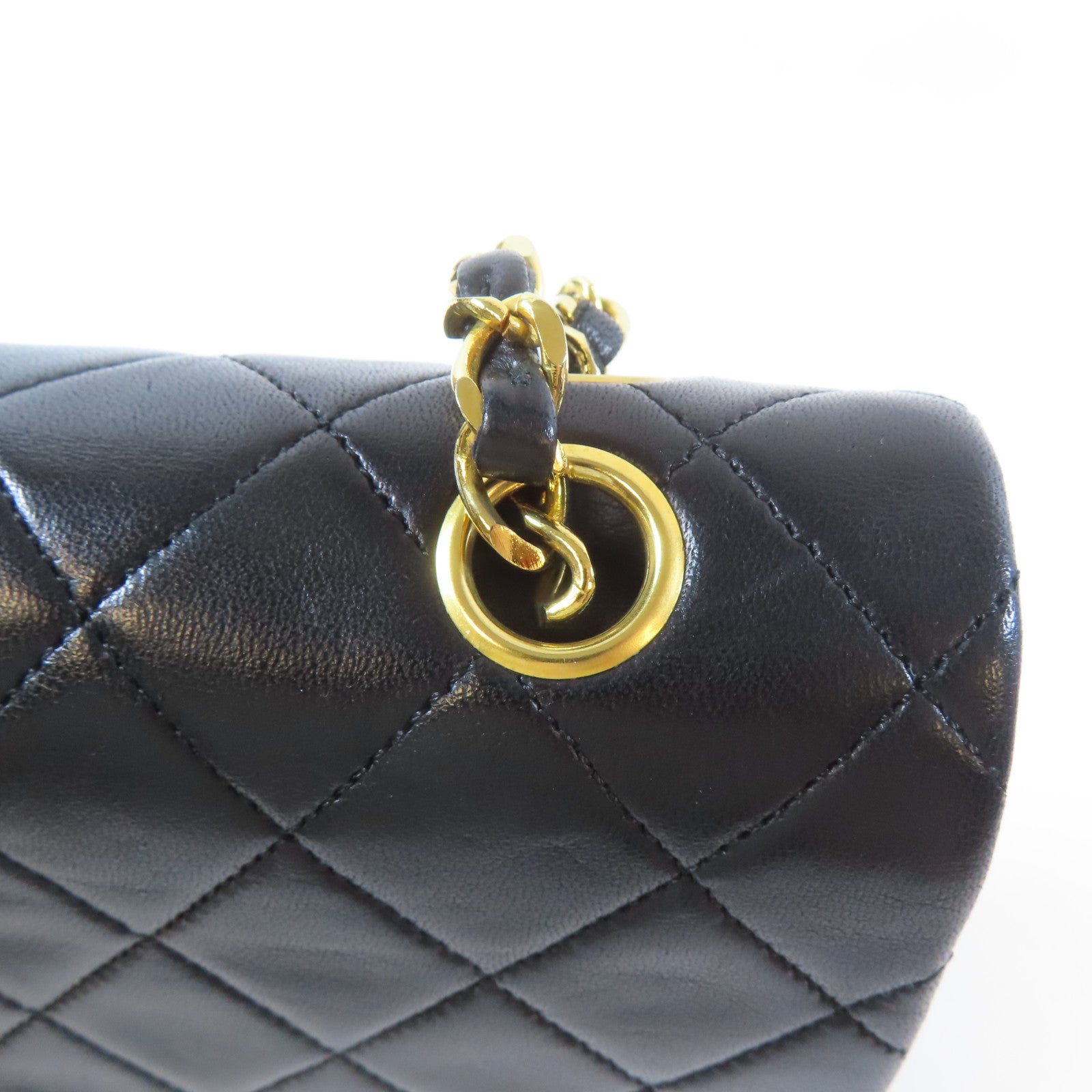 CHANEL 菱格羊皮皮革Chain Shoulder金扣鏈帶肩背袋黑色