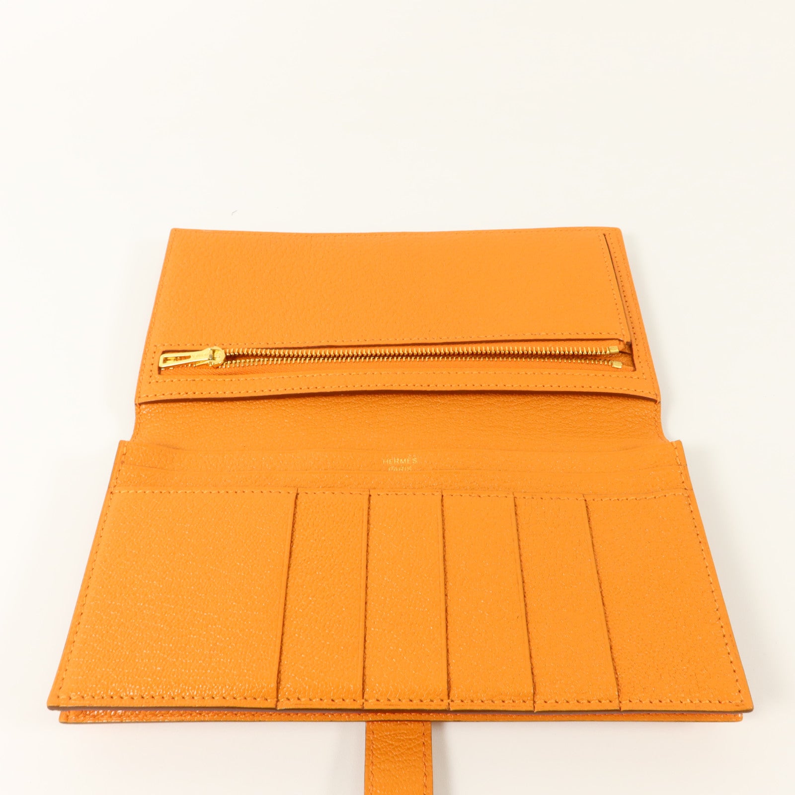 HERMES Chevre皮革Bearn Long Wallet金扣長錢包Orange
