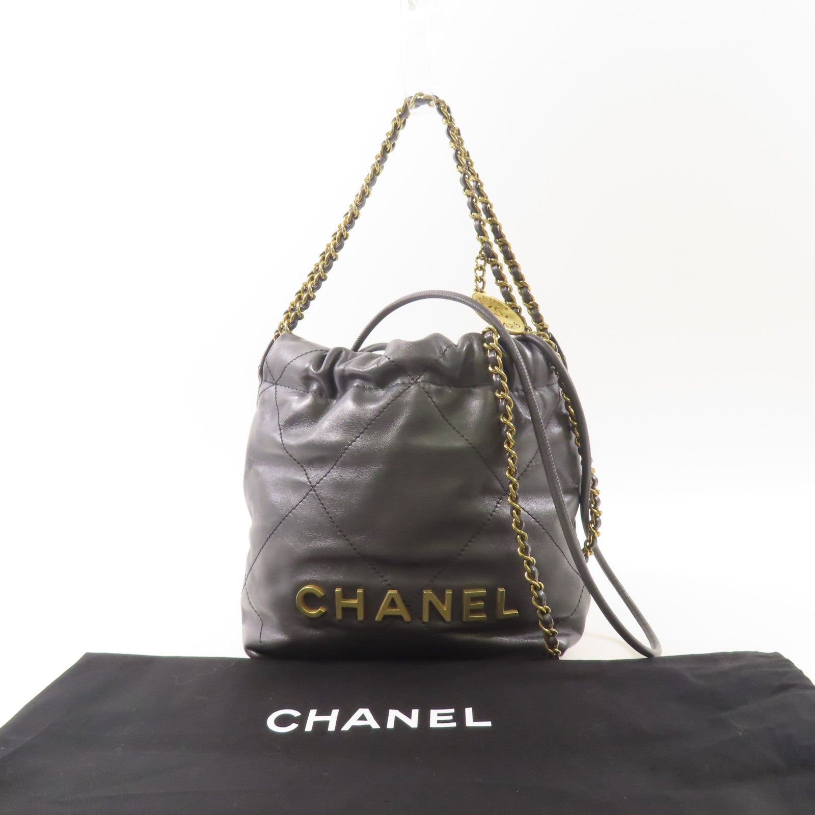 CHANEL 皮革Mini Chanel 22金扣手挽肩背兩用袋
