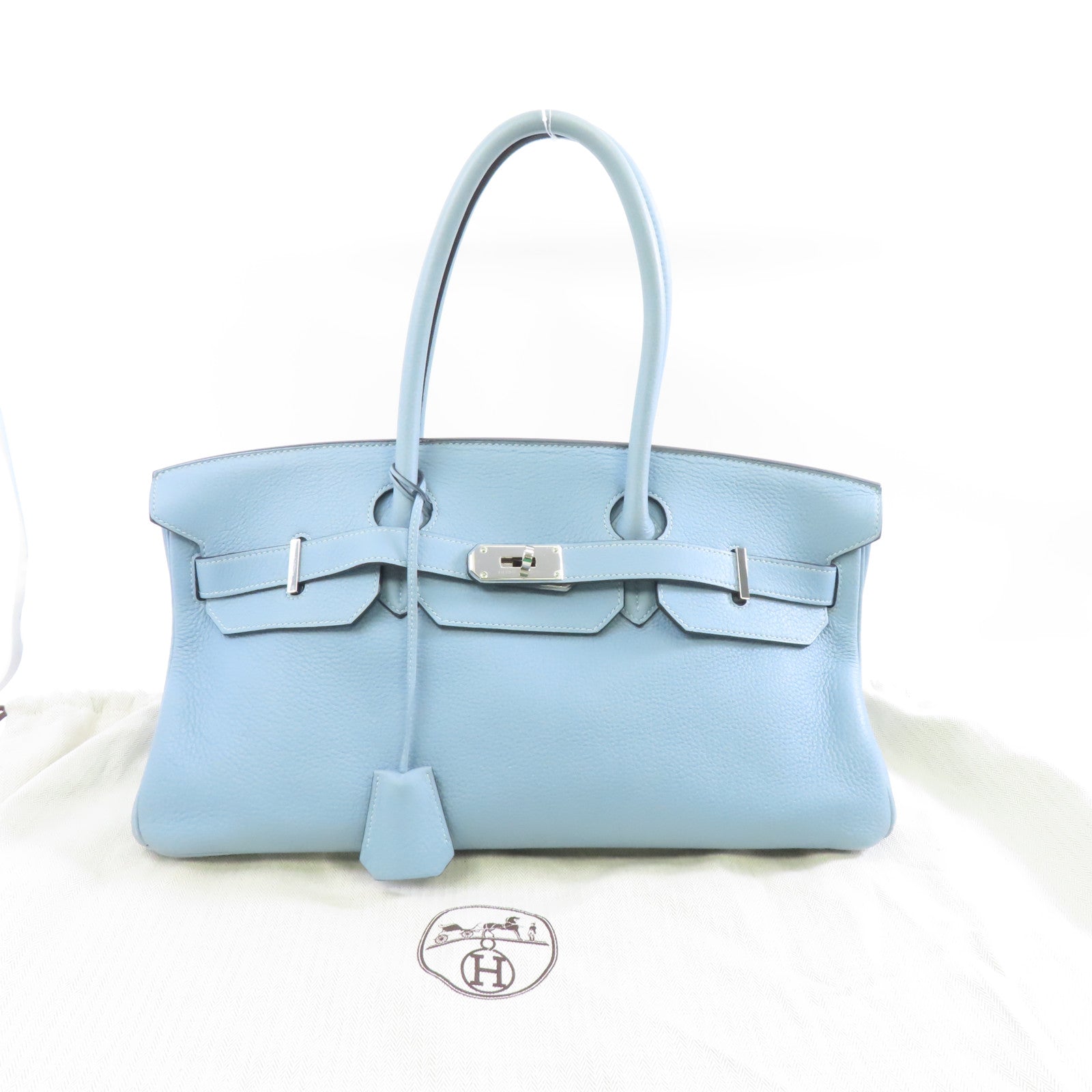 HERMES Clemence皮革Shoulder Birkin銀扣肩背袋淺藍色