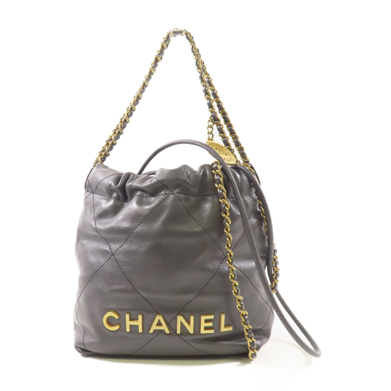 CHANEL 皮革Mini Chanel 22金扣手挽肩背兩用袋