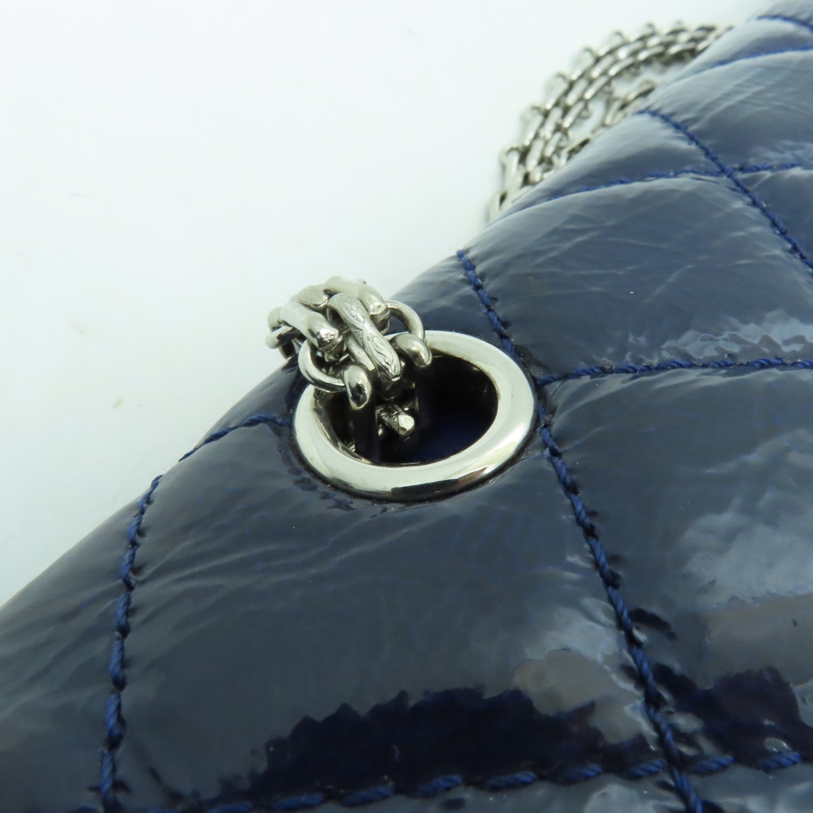 CHANEL 【清倉大減價】菱格漆皮皮革2.55銀扣鏈帶肩背袋藍色