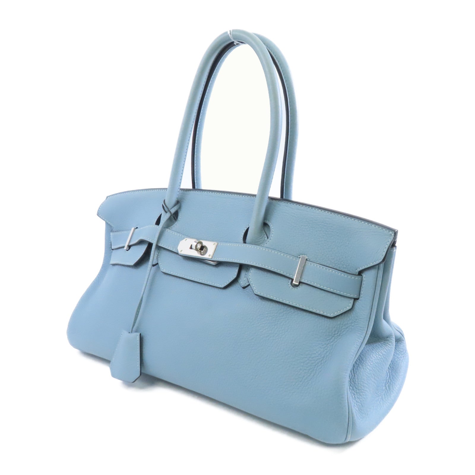 HERMES Clemence皮革Shoulder Birkin銀扣肩背袋淺藍色