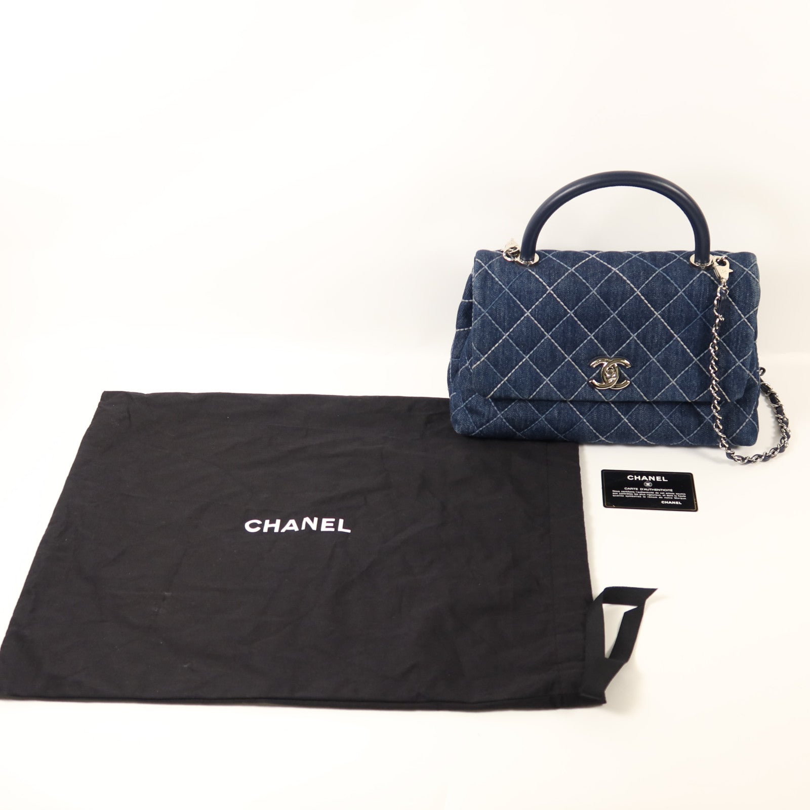 CHANEL 牛仔布Coco Handlec銀扣鏈帶手挽肩背兩用袋
