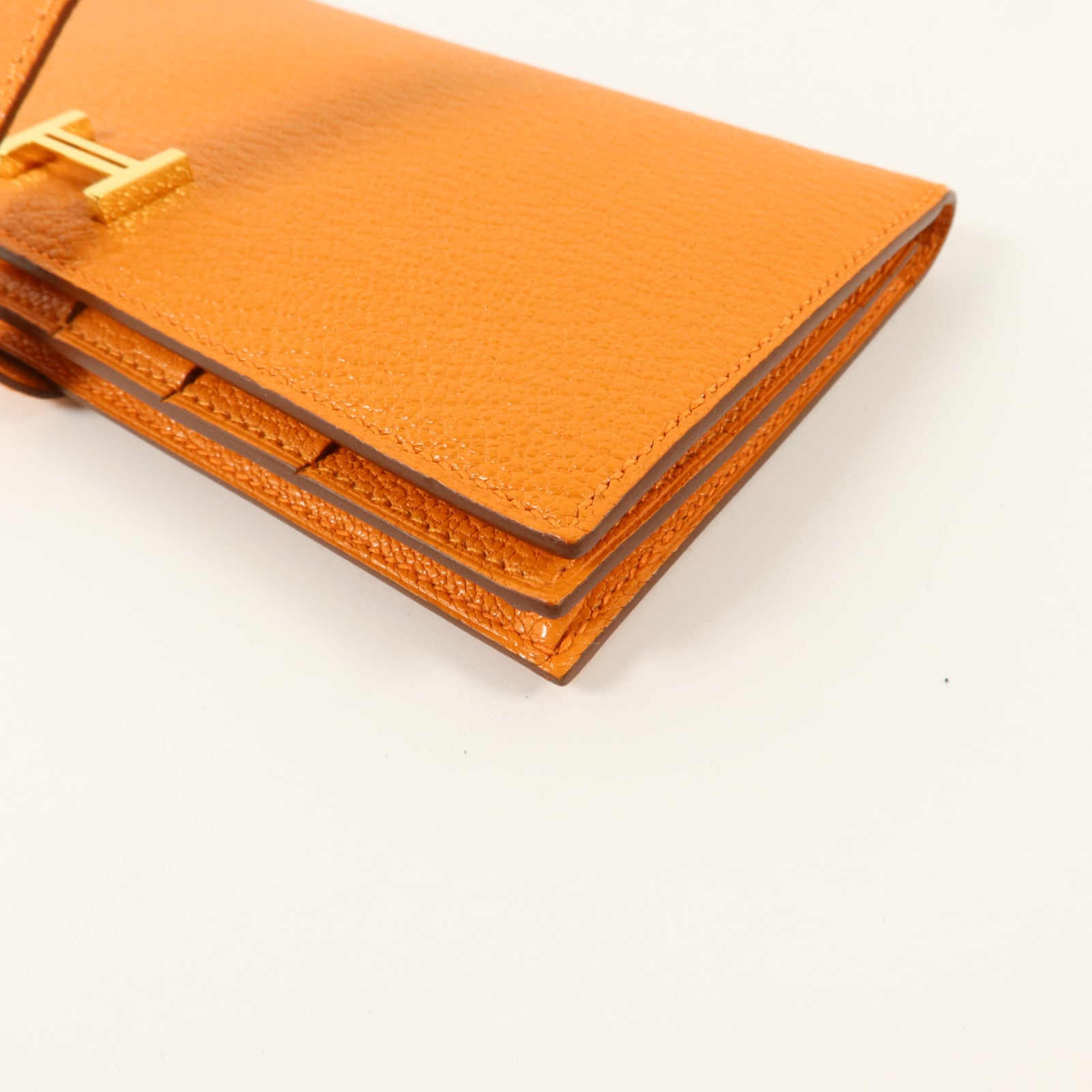 HERMES Chevre皮革Bearn Long Wallet金扣長錢包Orange