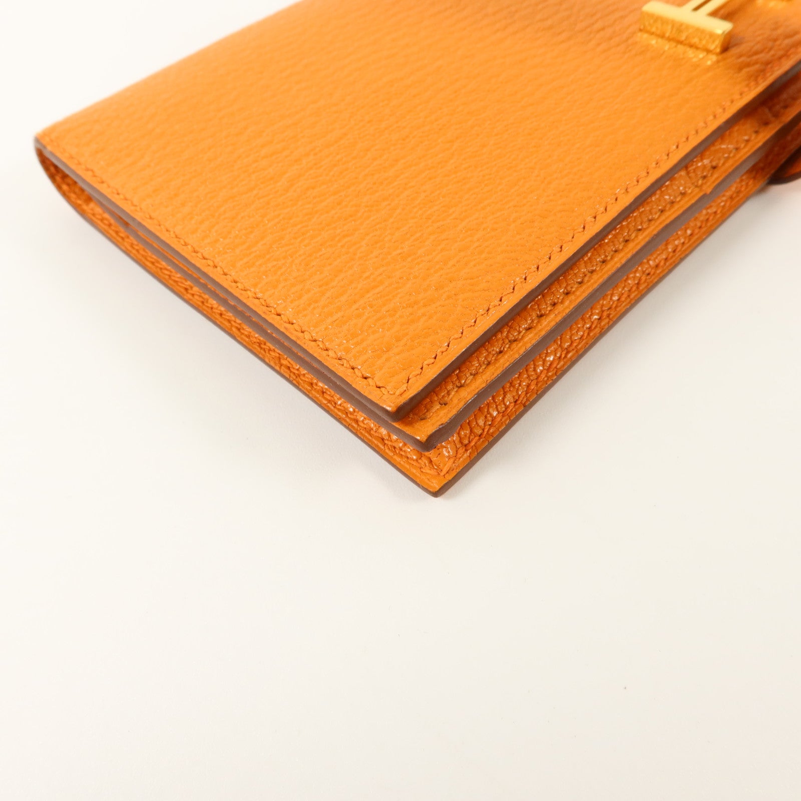 HERMES Chevre皮革Bearn Long Wallet金扣長錢包Orange