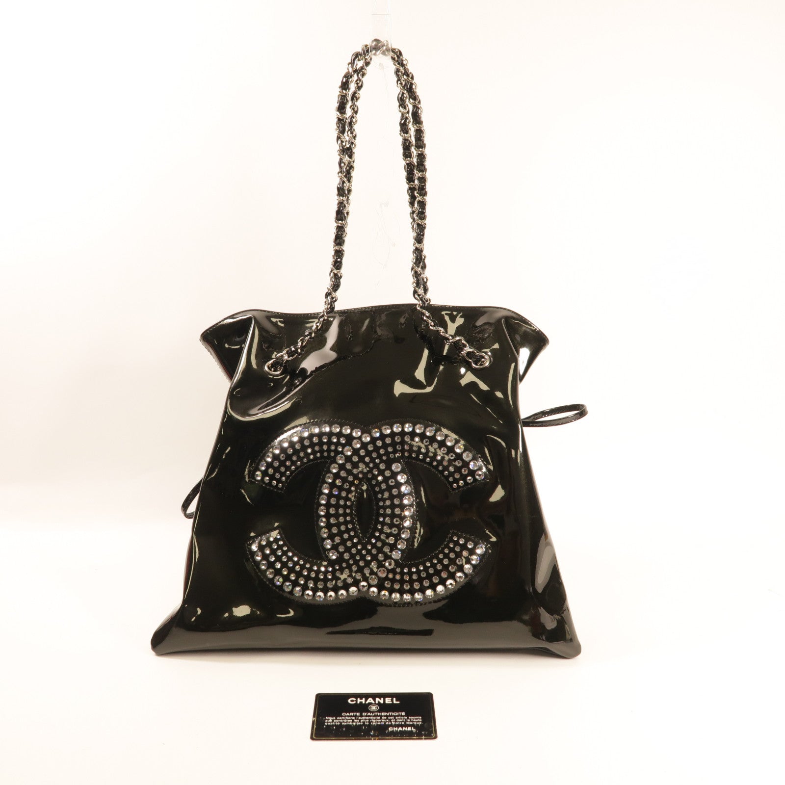 CHANEL 漆皮皮革Chain Shoulder銀扣鏈帶肩背袋黑色