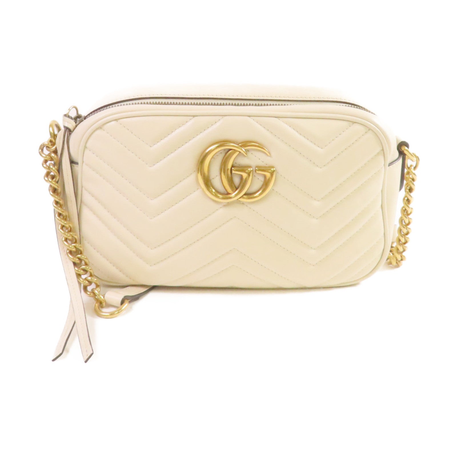 GUCCI 【激減優惠】牛皮皮革GG Marmont Shoulder Bag金扣鏈帶肩背袋米白色