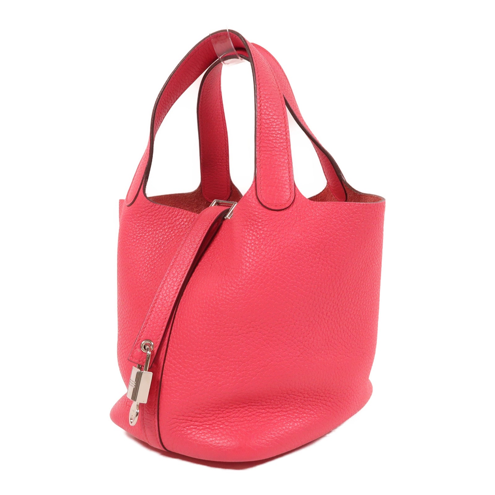 HERMES Clemence皮革Picotin PM銀扣手挽袋粉紅色