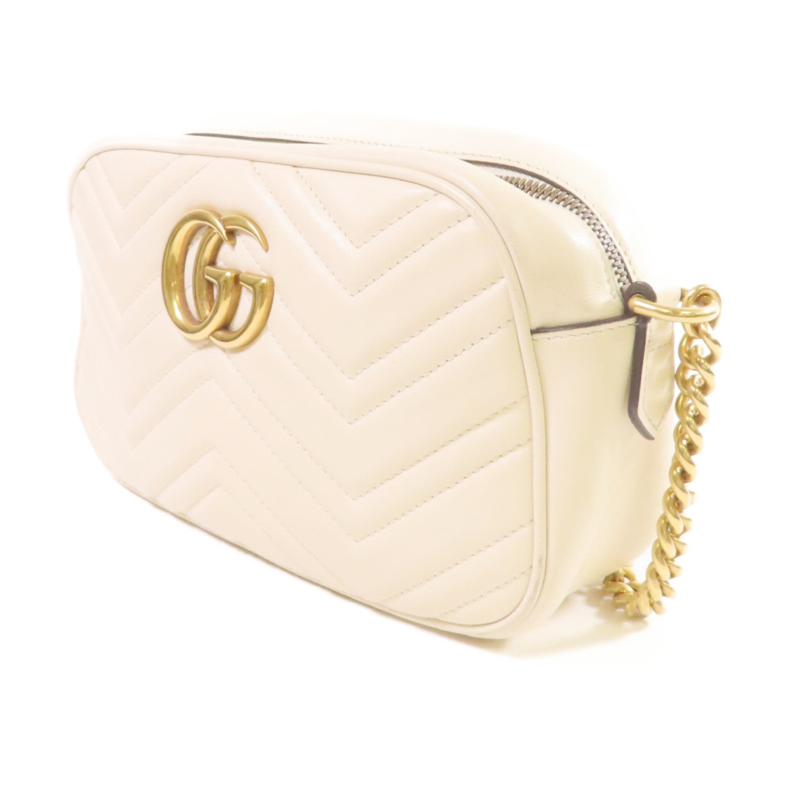 GUCCI 【激減優惠】牛皮皮革GG Marmont Shoulder Bag金扣鏈帶肩背袋米白色