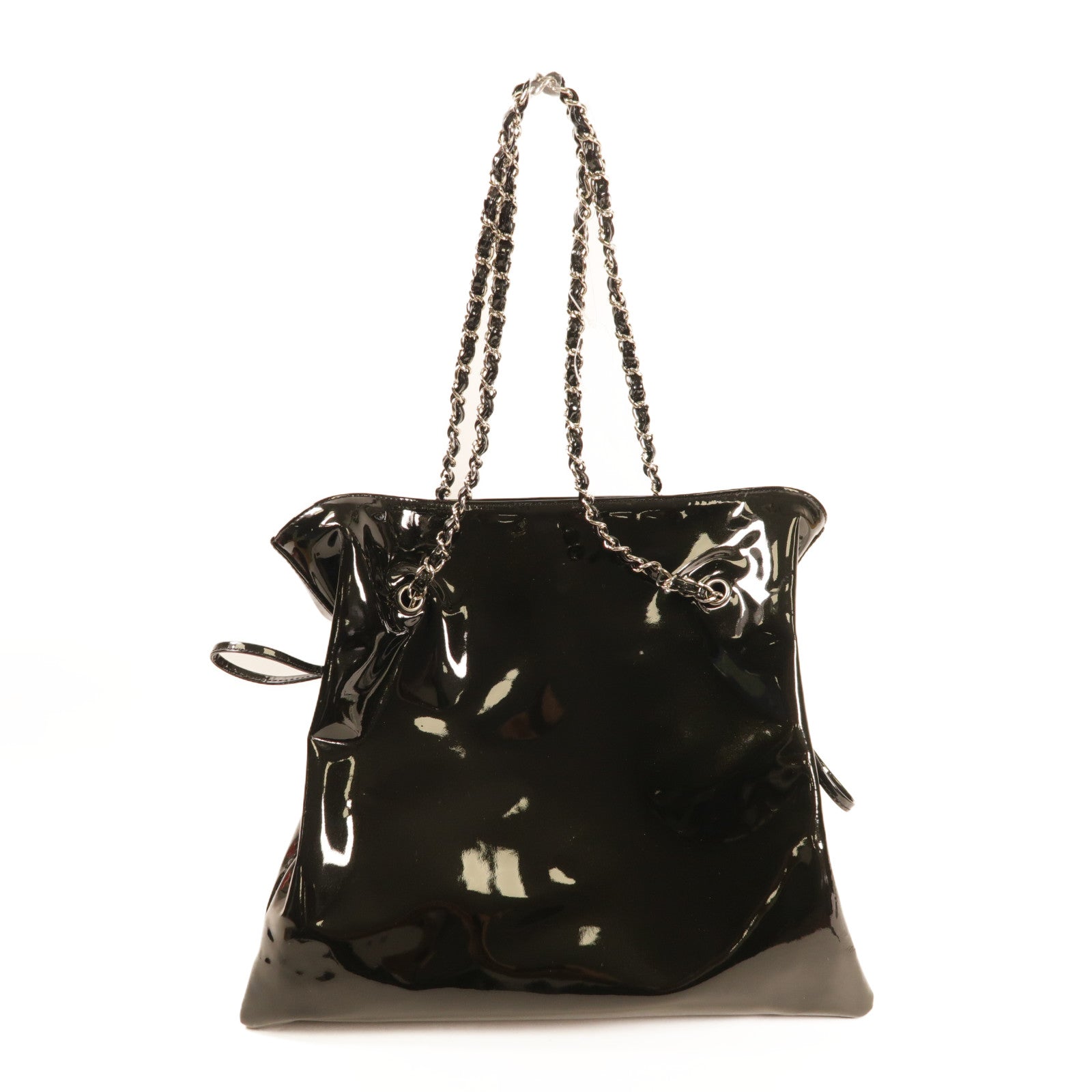 CHANEL 漆皮皮革Chain Shoulder銀扣鏈帶肩背袋黑色