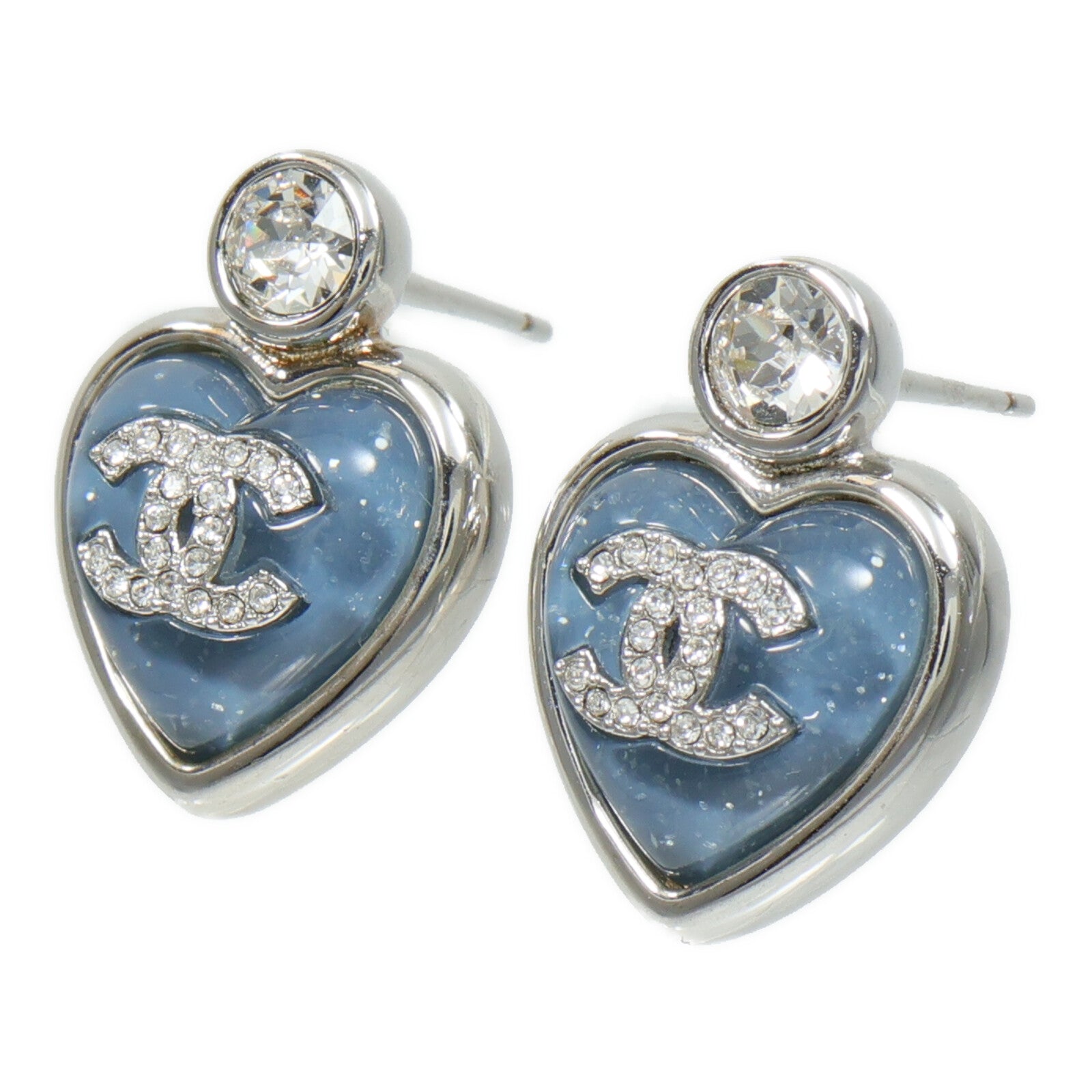 CHANEL 金屬Blue Glass Heart CC Logo Stud Earrings耳環