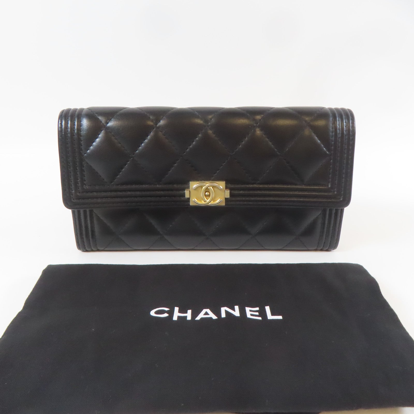CHANEL 菱格羊皮皮革Long Wallet金扣長錢包黑色
