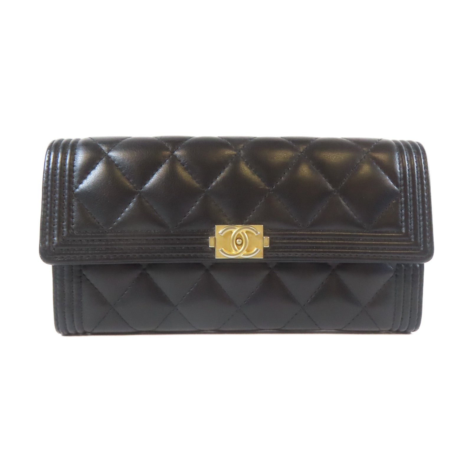 CHANEL 菱格羊皮皮革Long Wallet金扣長錢包黑色