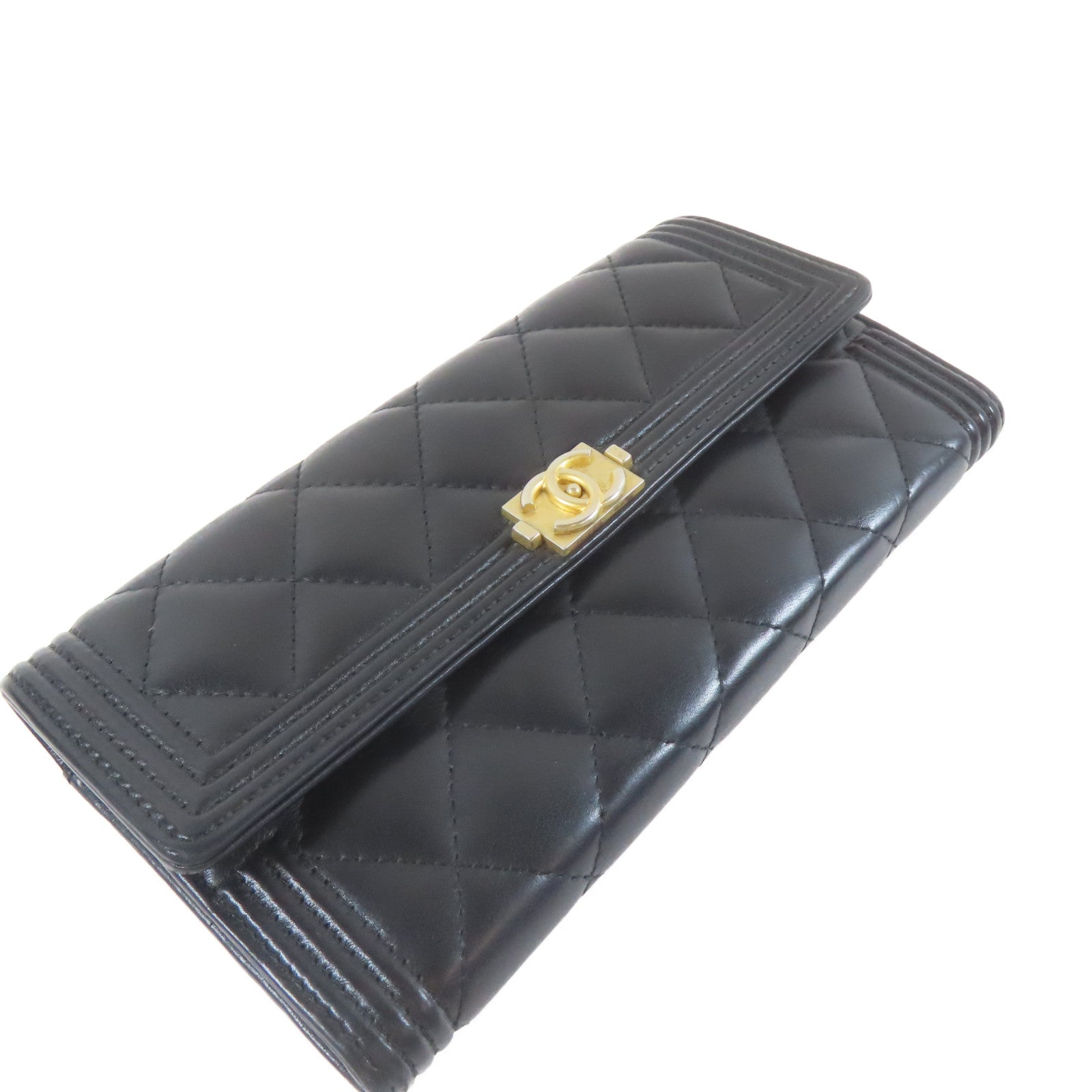 CHANEL 菱格羊皮皮革Long Wallet金扣長錢包黑色