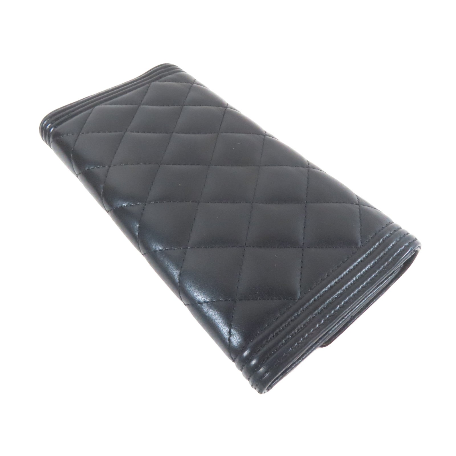 CHANEL 菱格羊皮皮革Long Wallet金扣長錢包黑色
