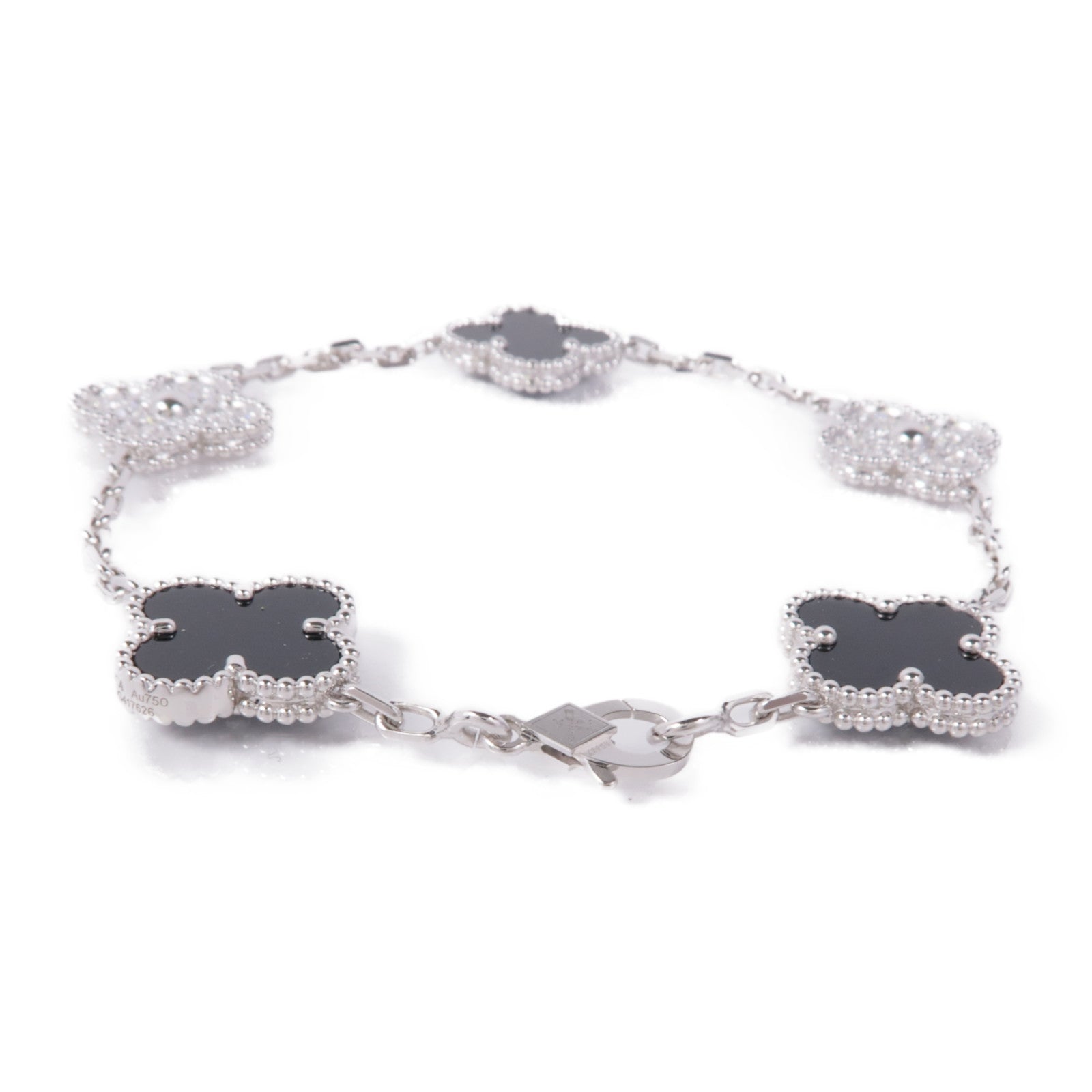 Van Cleef & Arpels 18K白金Vintage Alhambra 5 Motifs鑽石/縞瑪瑙手鏈