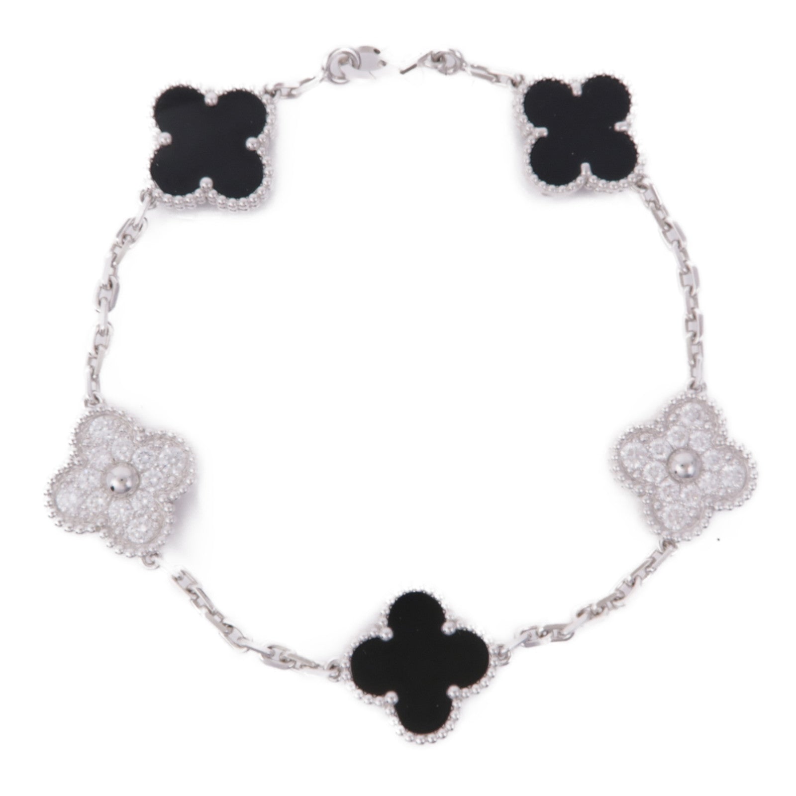 Van Cleef & Arpels 18K白金Vintage Alhambra 5 Motifs鑽石/縞瑪瑙手鏈