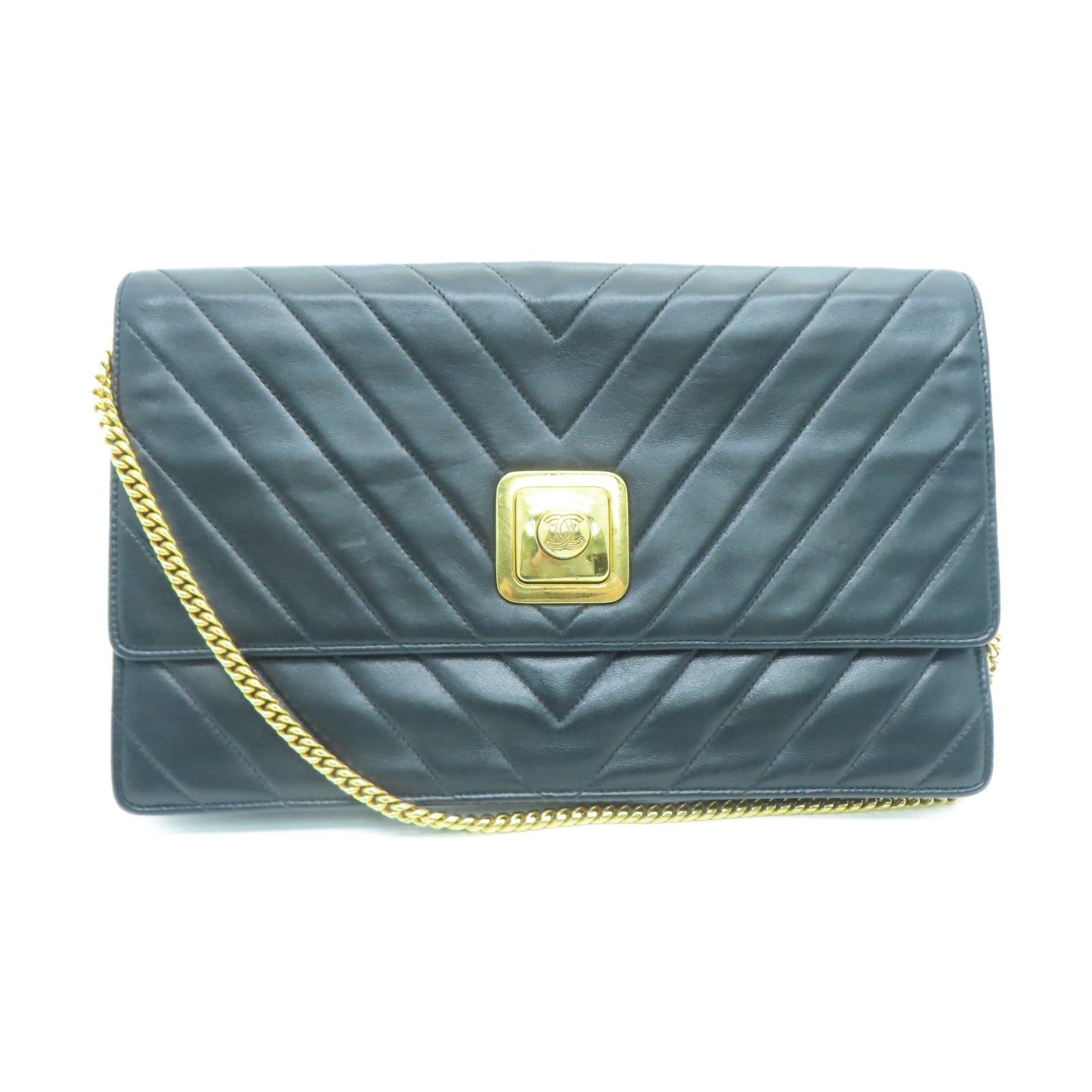 CHANEL 斜纹羊皮皮革Chain Shoulder金扣链带肩背袋黑色