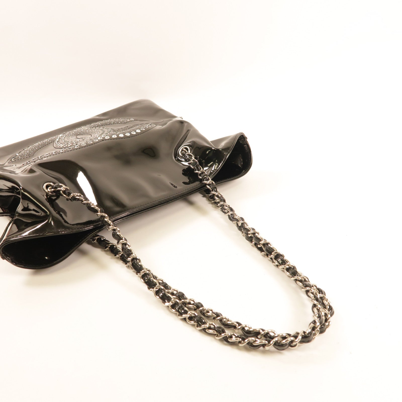 CHANEL 漆皮皮革Chain Shoulder銀扣鏈帶肩背袋黑色