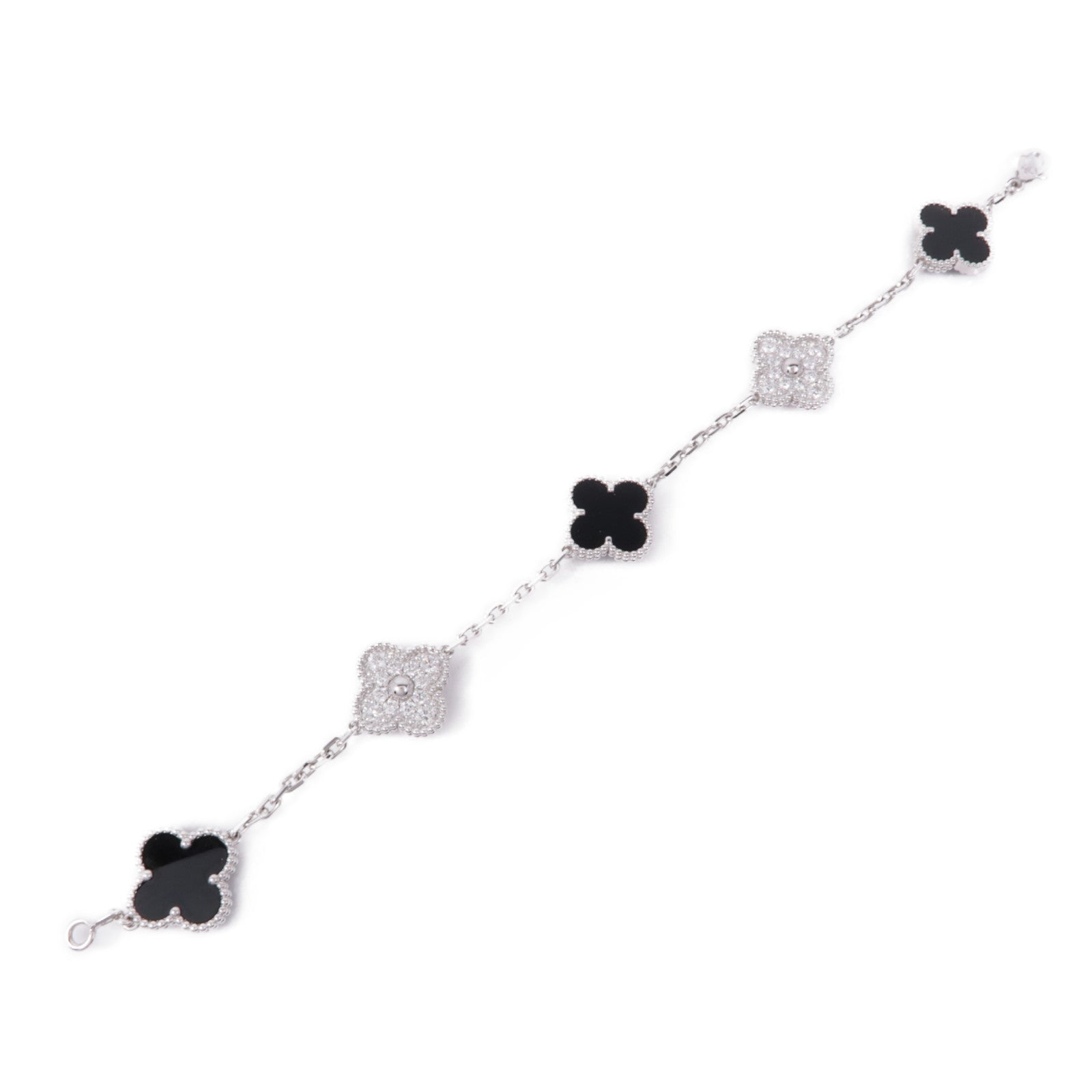 Van Cleef & Arpels 18K白金Vintage Alhambra 5 Motifs鑽石/縞瑪瑙手鏈