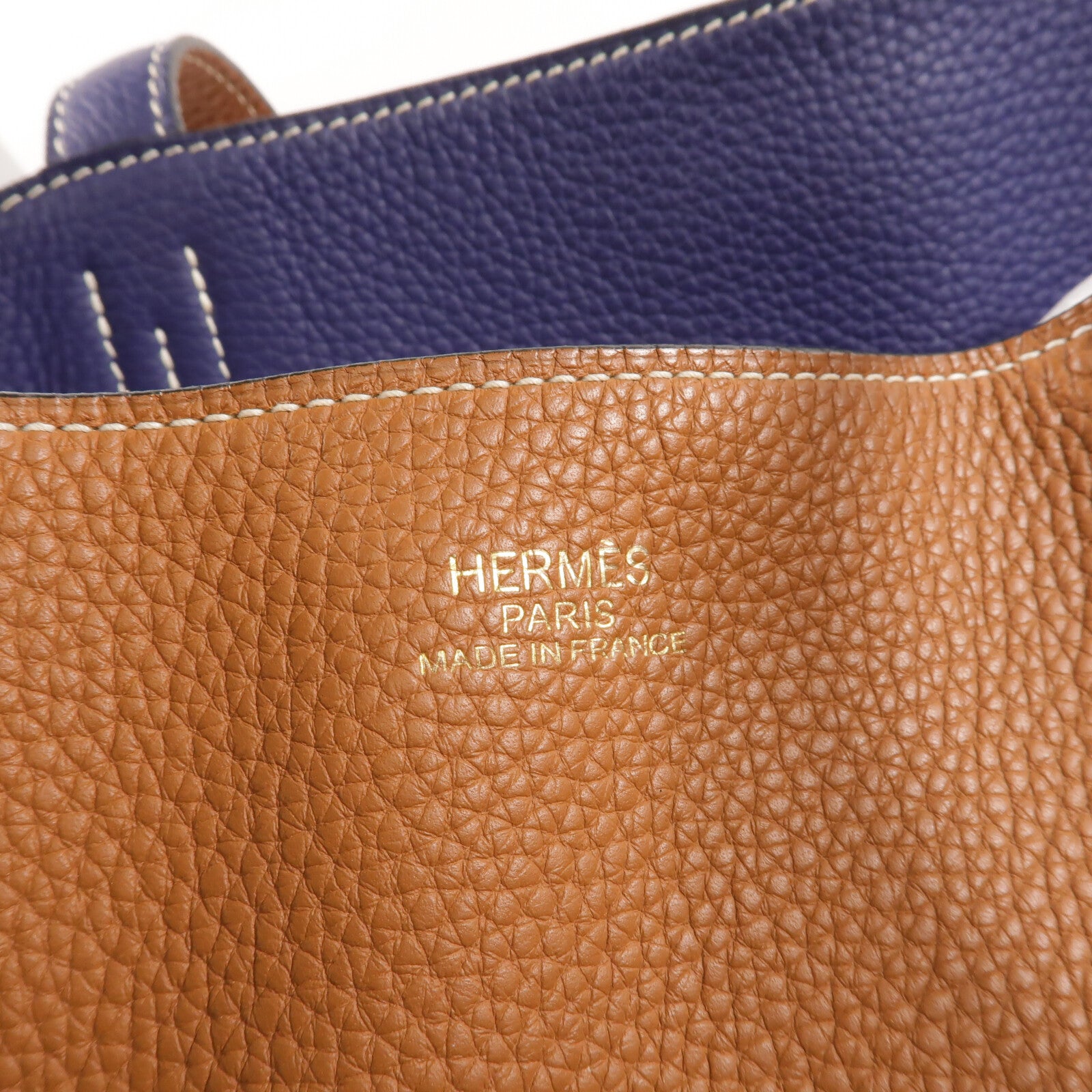 HERMES Clemence皮革Double Sens 36手挽袋Gold/Bleu Encre