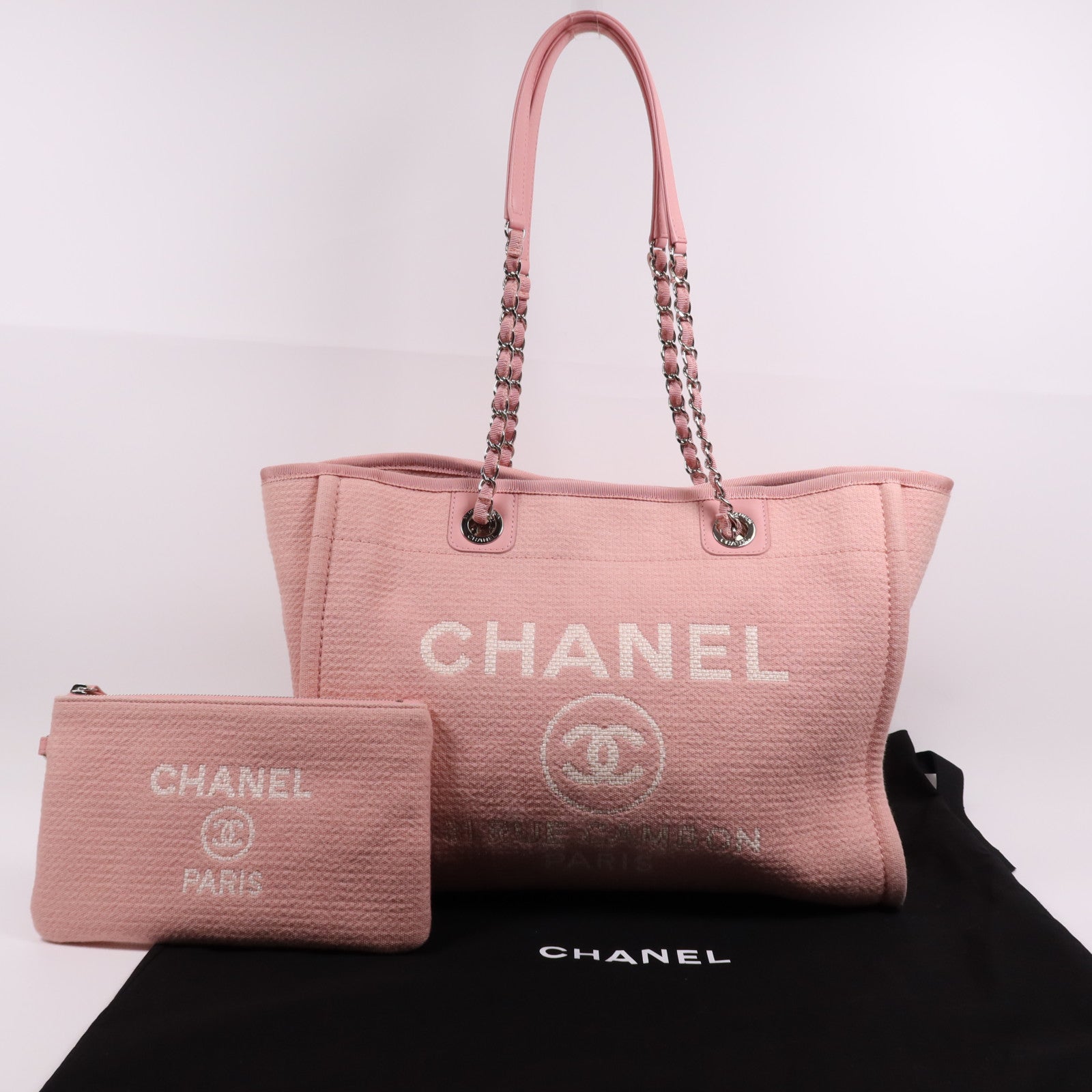 CHANEL 帆布Deauville Tote銀扣鏈帶肩背袋