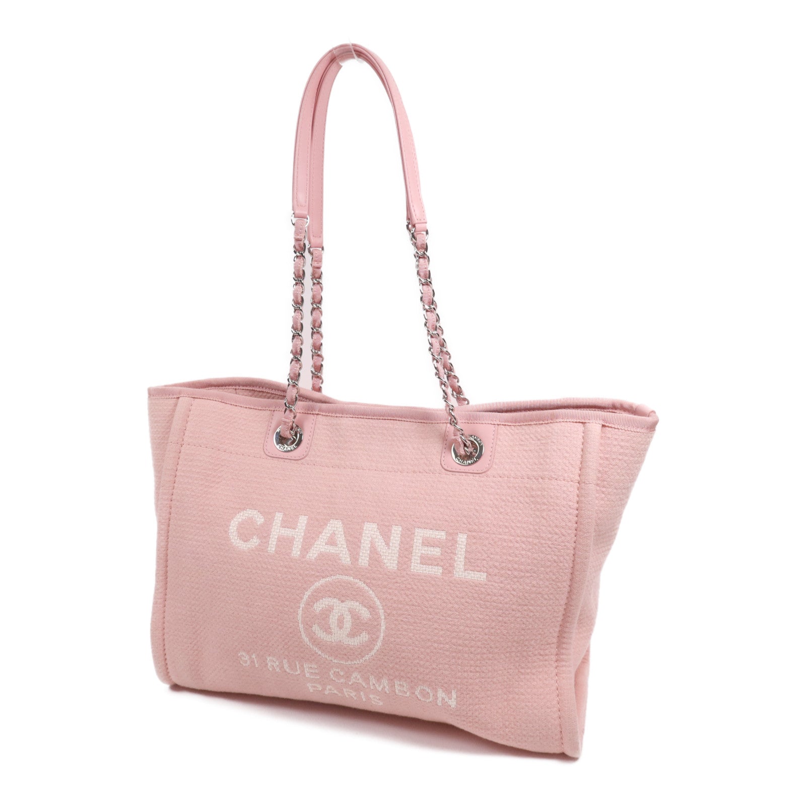 CHANEL 帆布Deauville Tote銀扣鏈帶肩背袋