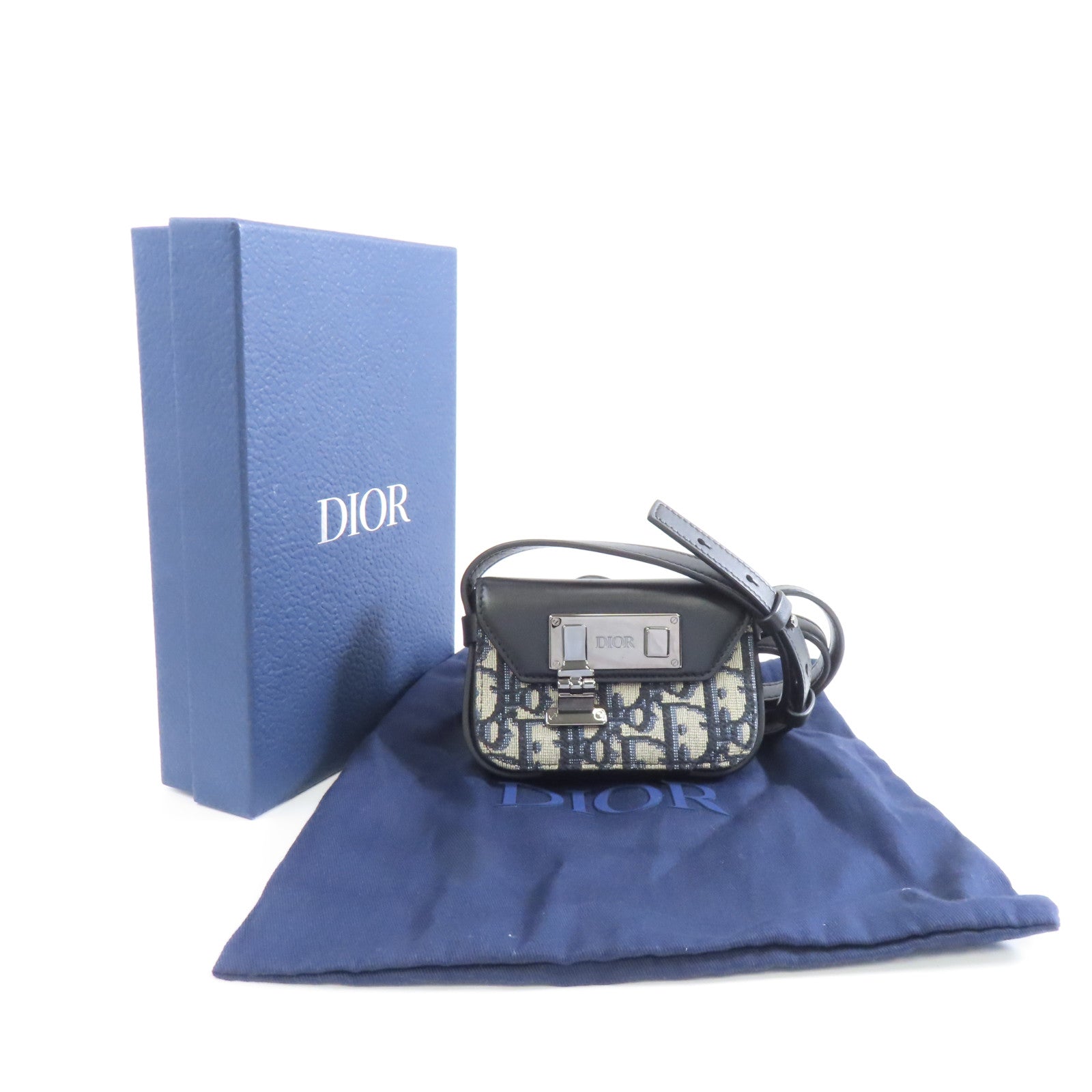 Dior 帆布Nano Pouch銀扣肩背袋藍色