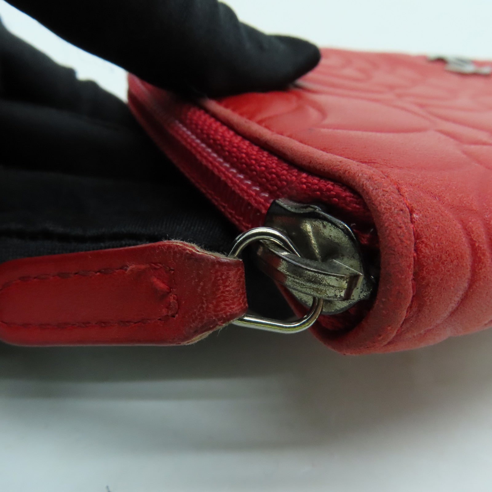 CHANEL Sheepskin Leather Long Wallet Silver Buckle Long Wallet Red
