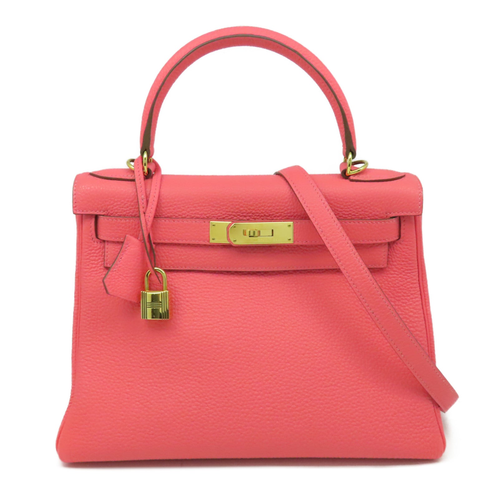 HERMES Togo皮革Kelly 28金扣手挽肩背兩用袋橘桃粉色