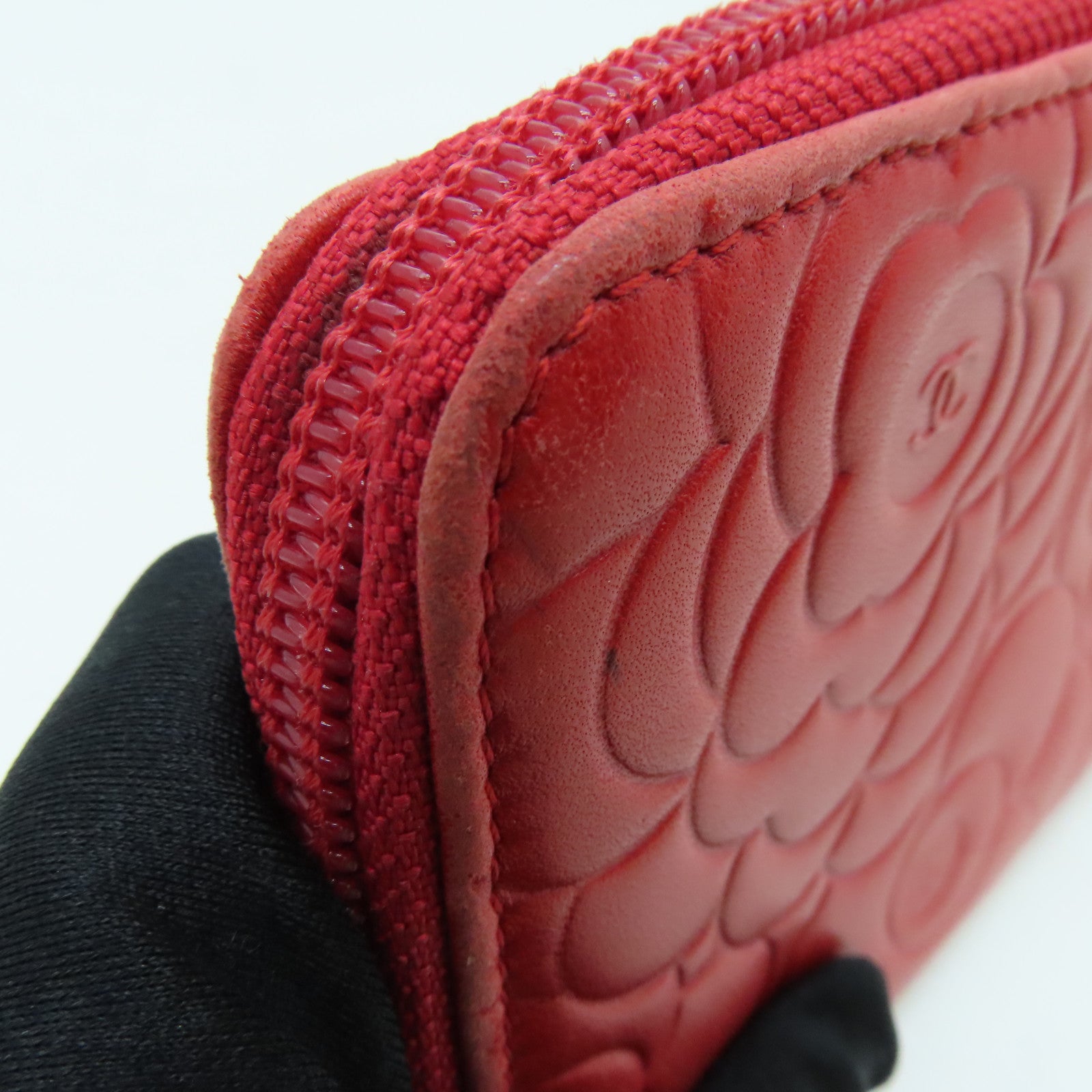 CHANEL Sheepskin Leather Long Wallet Silver Buckle Long Wallet Red