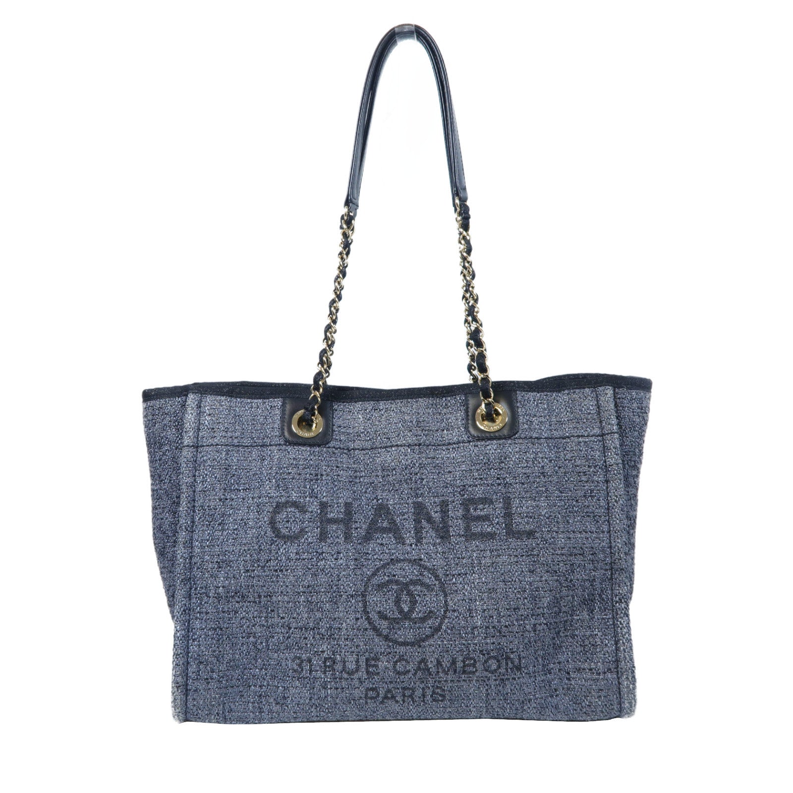 CHANEL 帆布Deauville Tote金扣手挽袋藍色