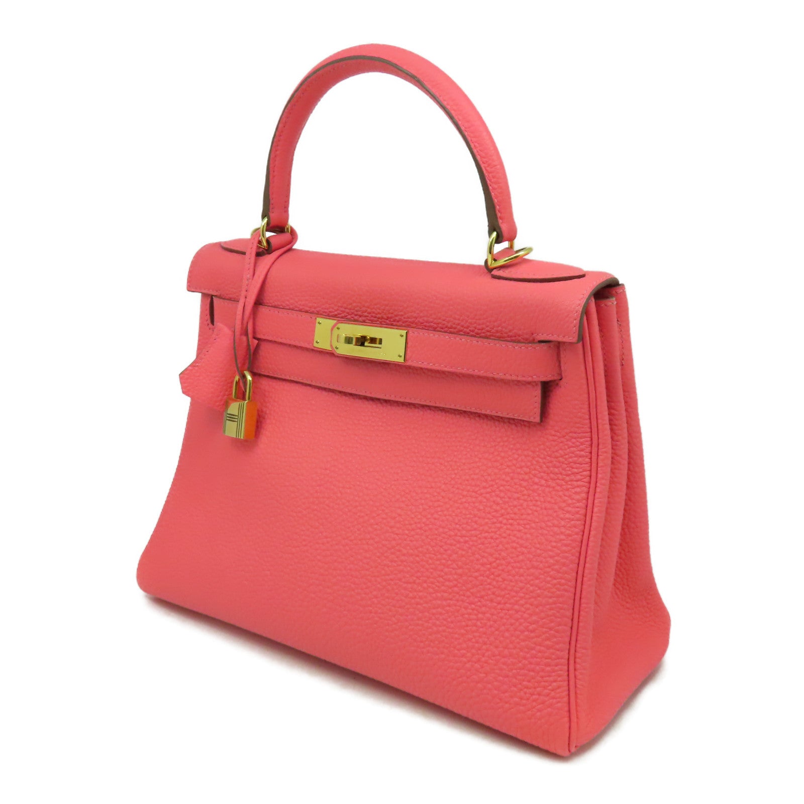 HERMES Togo皮革Kelly 28金扣手挽肩背兩用袋橘桃粉色