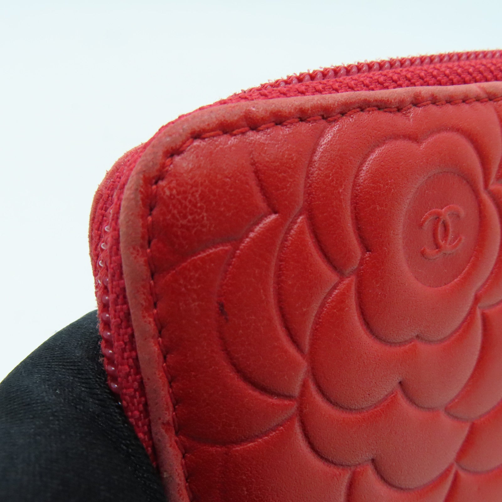 CHANEL Sheepskin Leather Long Wallet Silver Buckle Long Wallet Red