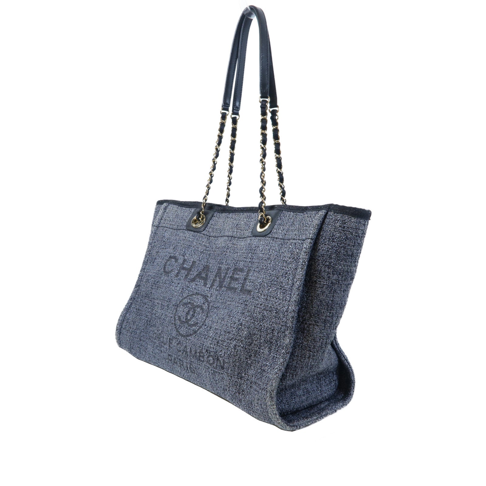 CHANEL 帆布Deauville Tote金扣手挽袋藍色