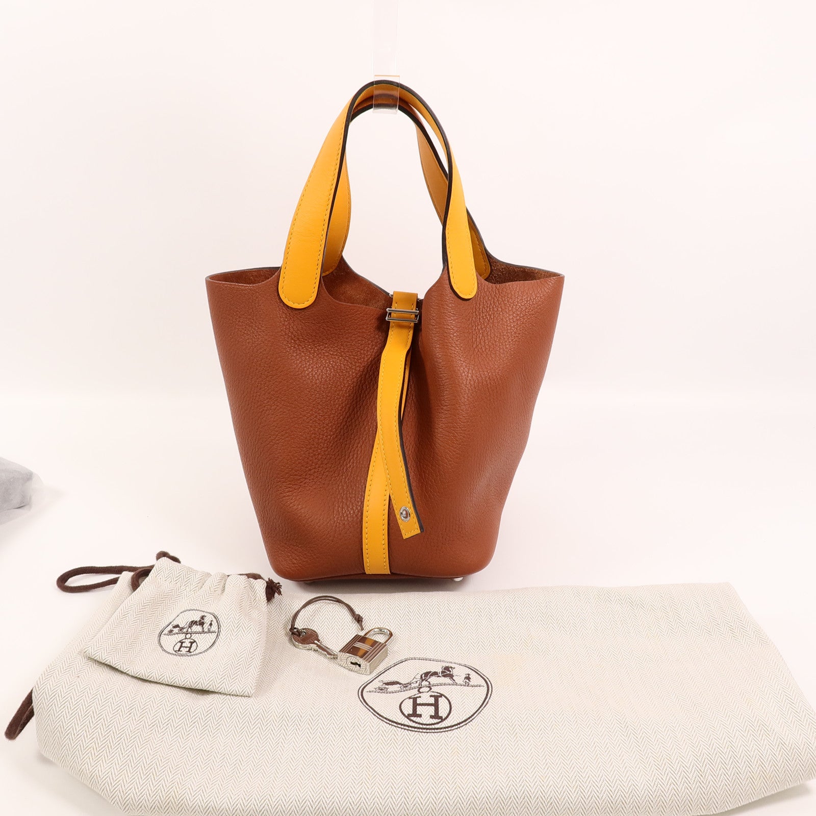 HERMES Clemence皮革Picotin PM手挽袋Cuivre/Jaune d'Or