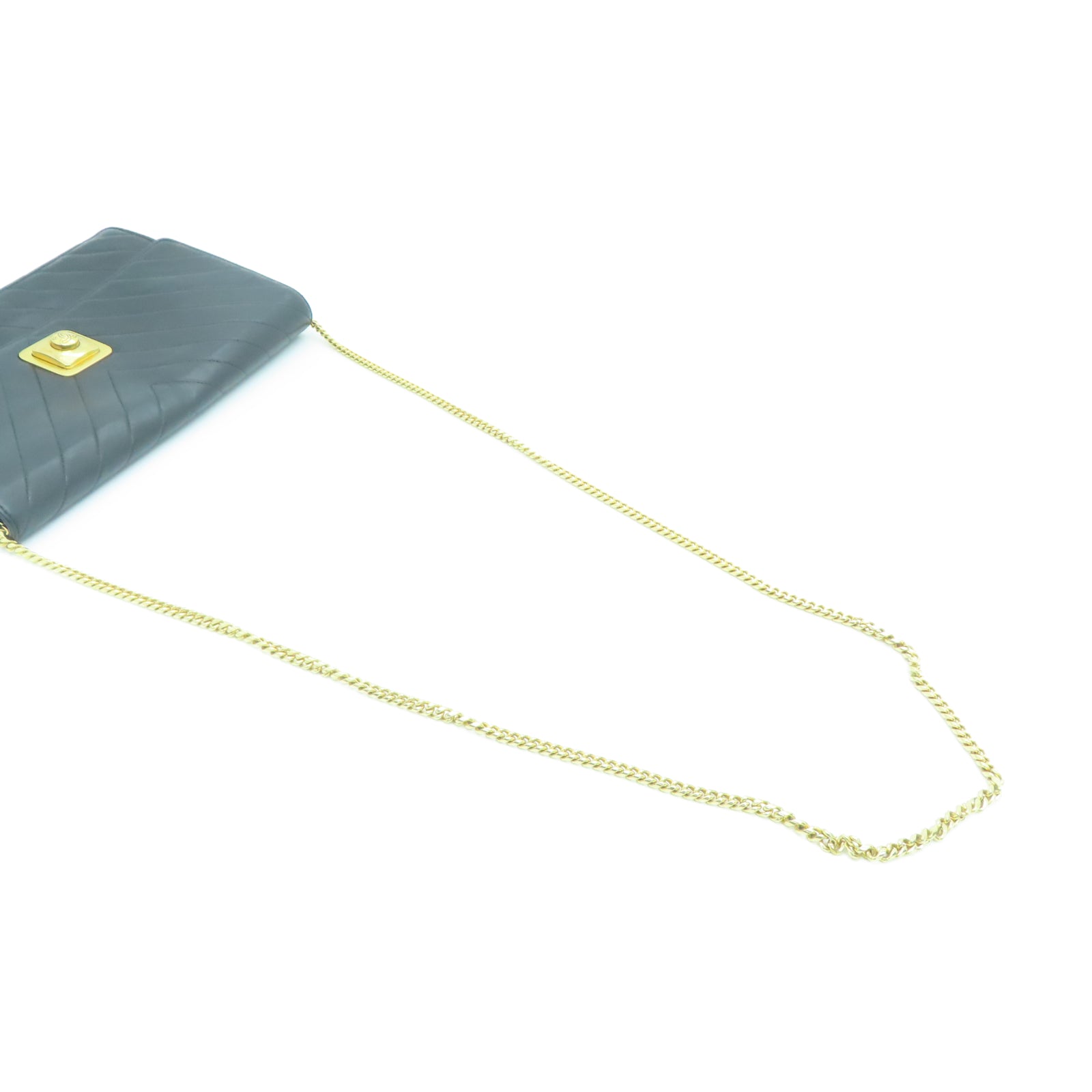 CHANEL 斜纹羊皮皮革Chain Shoulder金扣链带肩背袋黑色
