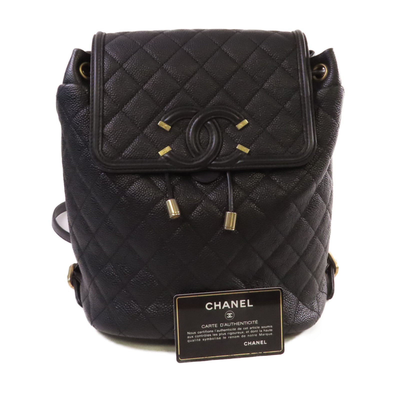 CHANEL 菱格Caviar皮革Backpack金扣背包黑色
