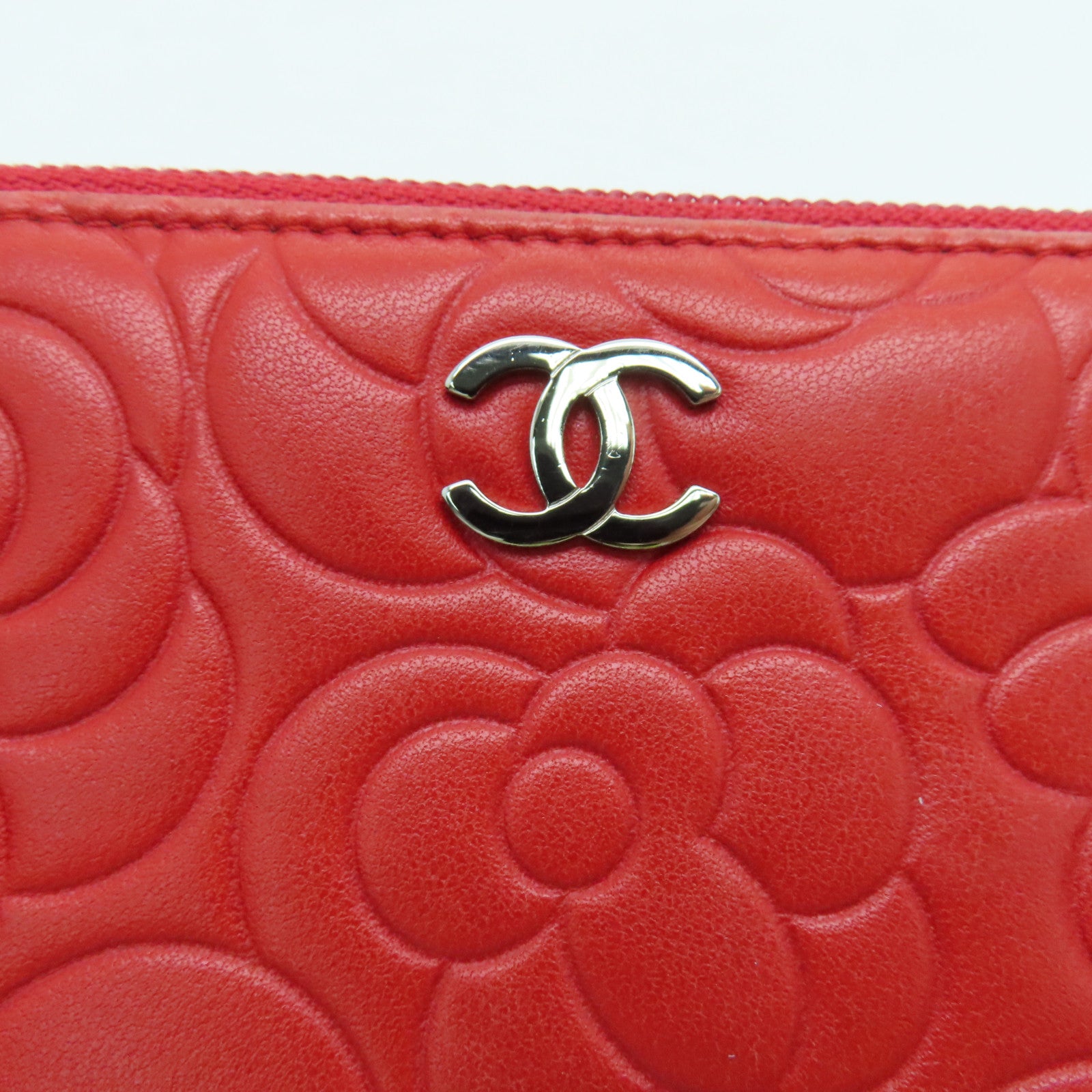 CHANEL Sheepskin Leather Long Wallet Silver Buckle Long Wallet Red