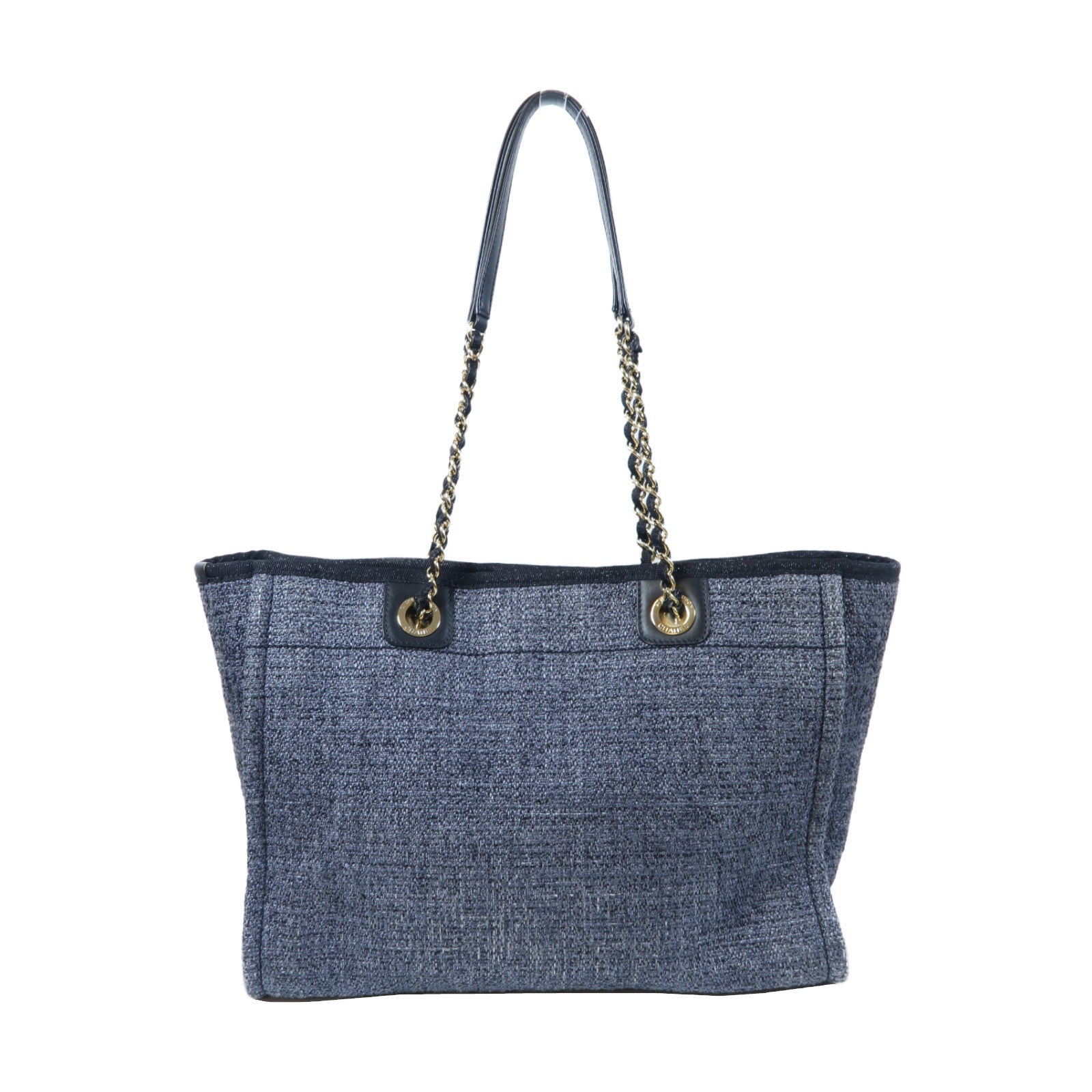 CHANEL 帆布Deauville Tote金扣手挽袋藍色