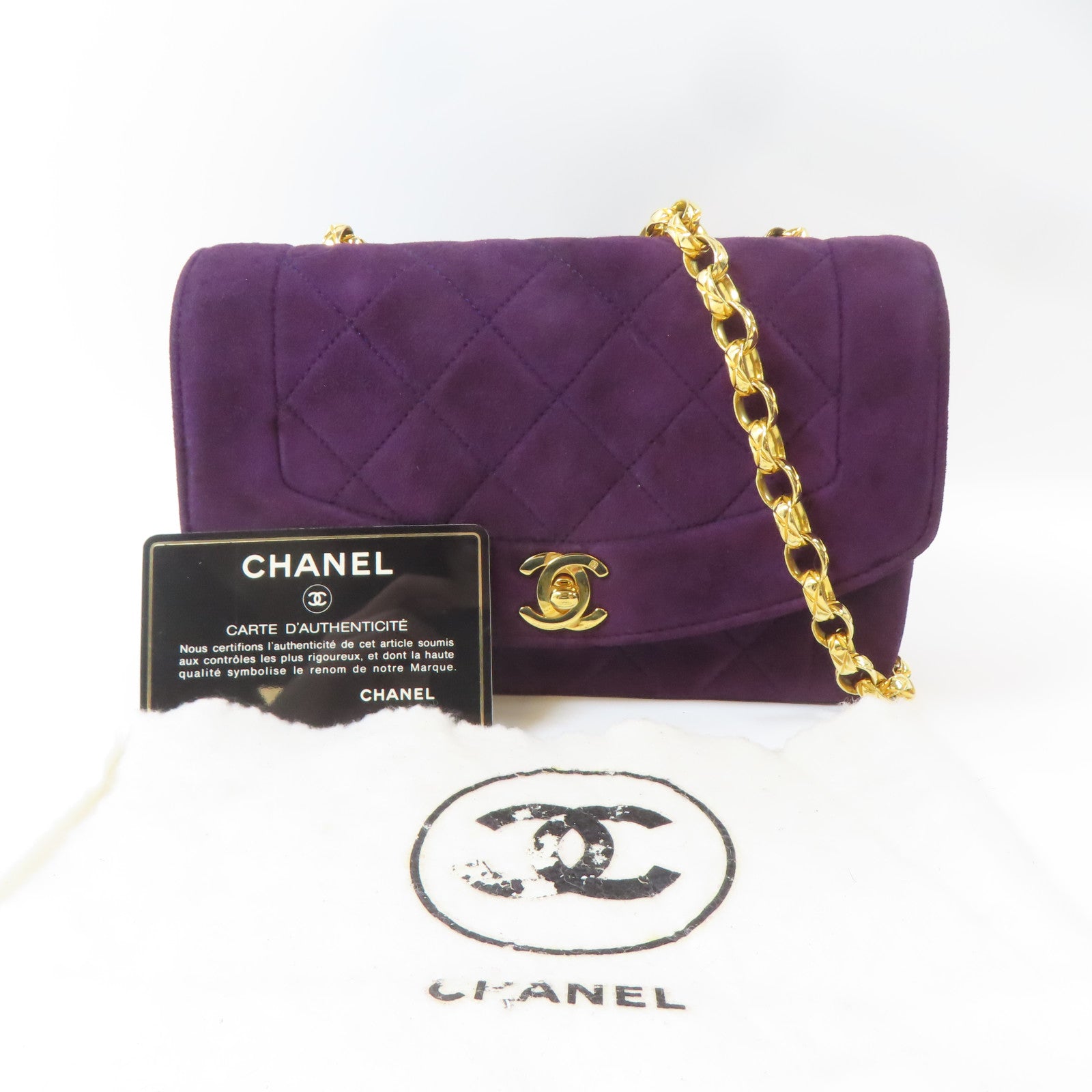 CHANEL 菱格絨布Chain Shoulder Bag金扣鏈帶肩背袋紫色