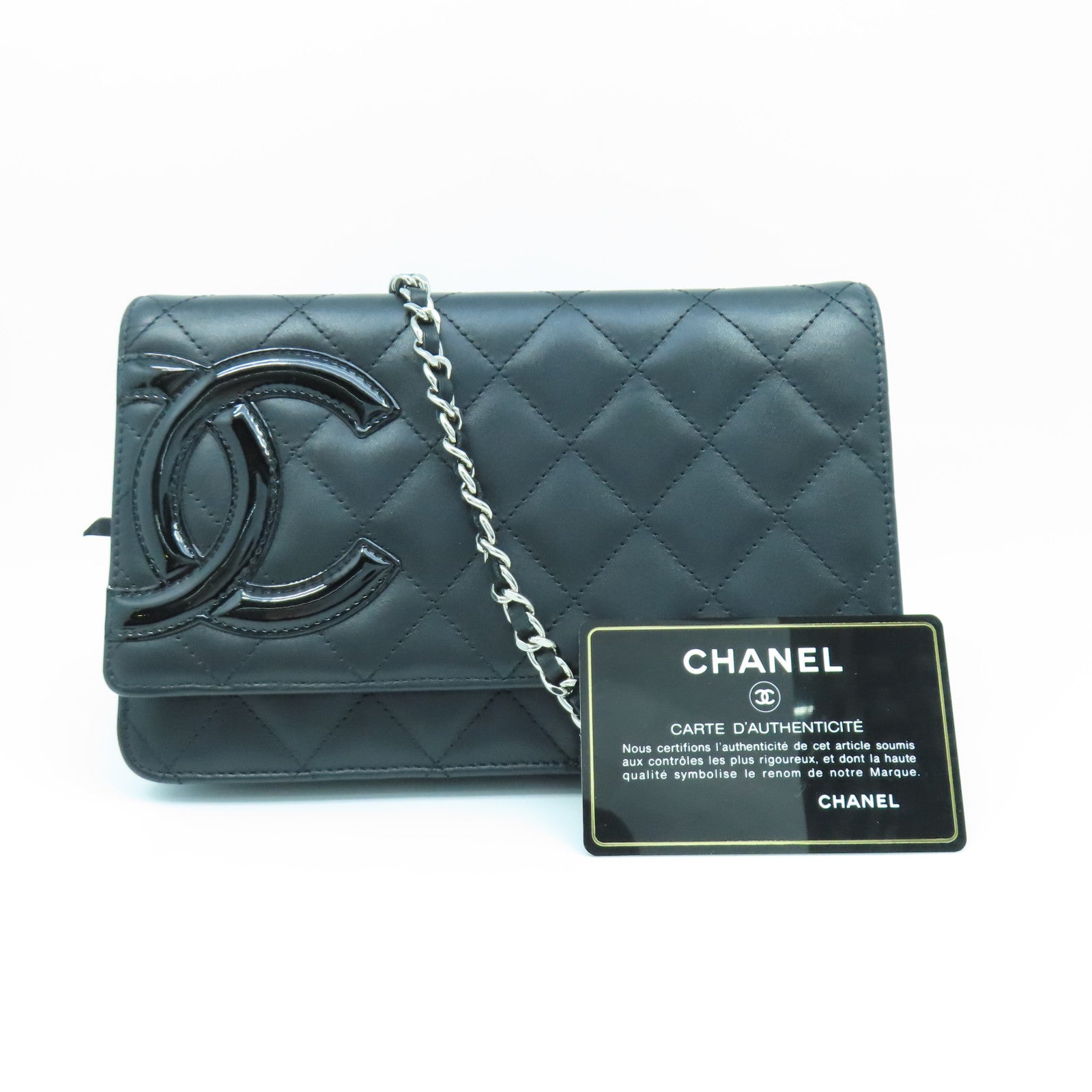 CHANEL 【激減優惠】菱格牛皮皮革Cambon WOC銀扣鏈帶肩背袋黑色