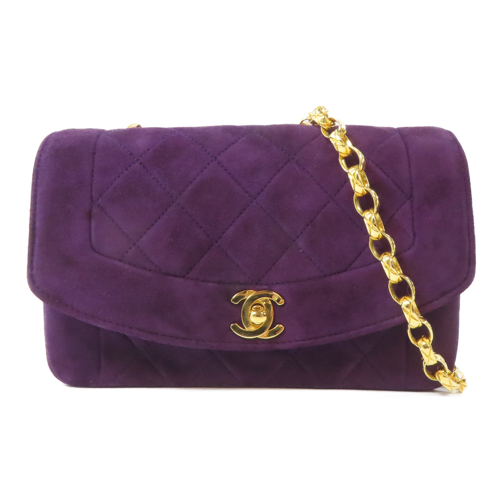 CHANEL 菱格絨布Chain Shoulder Bag金扣鏈帶肩背袋紫色